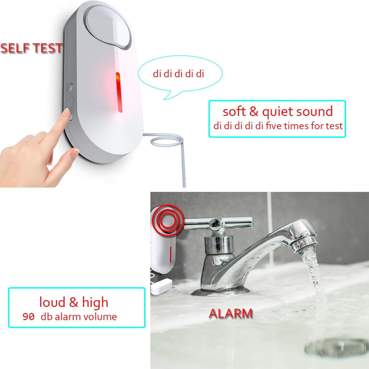 Overflow Alarm Water Leak Detector - 90dB Loud Sink & Bathtub Water Sensor with Indicator Light for Kitchen, Basement, Sump Pump - Prevent Flooding & Water Damage