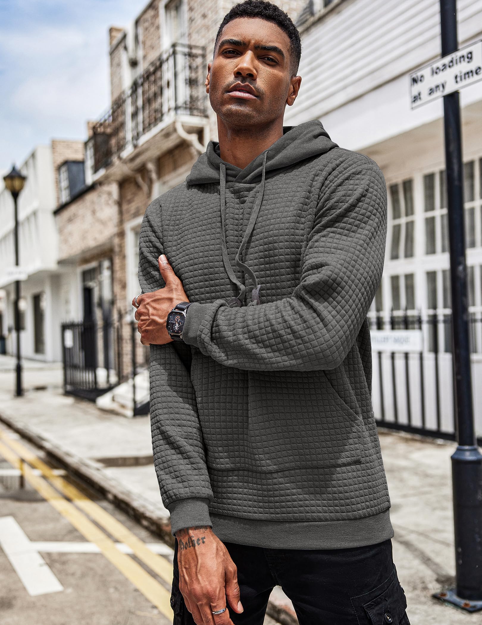 COOFANDY Men's Fashion Waffle Knit Pullover Hoodie with Pocket - Long Sleeve Casual Sweatshirt for Streetwear, Lounge & Outdoor Activities