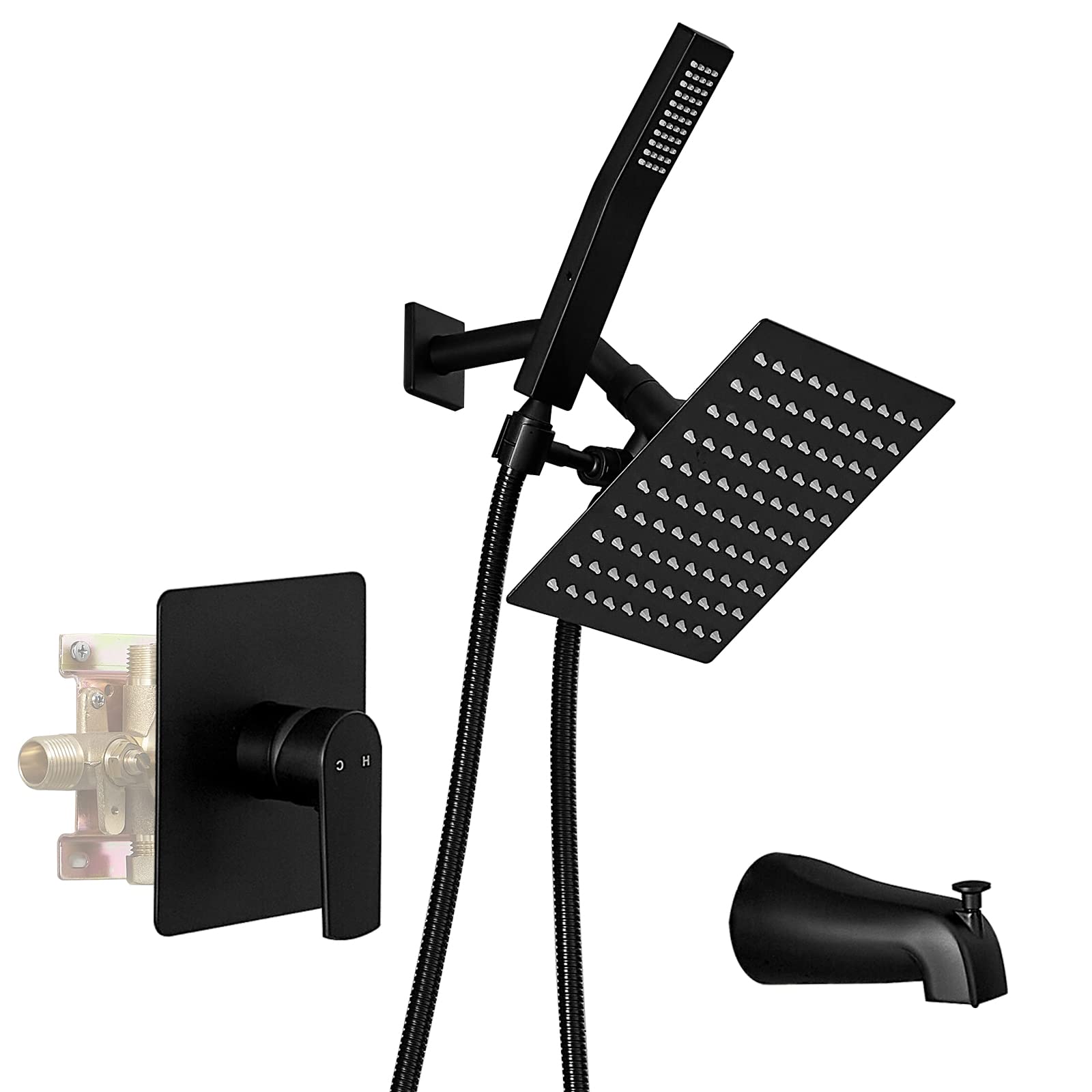 Premium Black Tub Shower Faucet Set with Rainfall Shower Head & Handheld Sprayer - Bathroom Upgrade for Modern Homes (Ideal for Bathroom Remodeling & Spa-Like Experience)