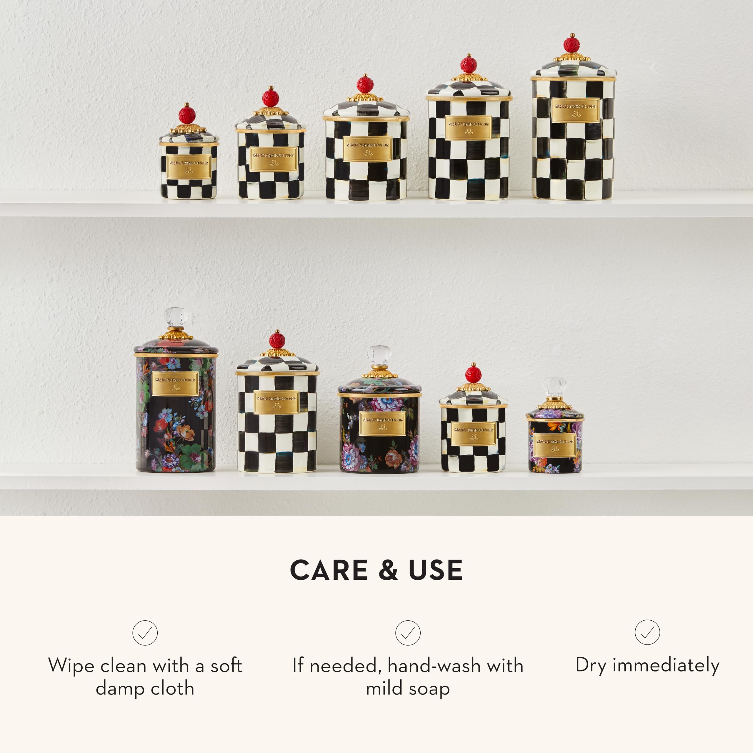 MACKENZIE-CHILDS Large Enamel Canister - 1.89L Kitchen Storage Container for Flour, Sugar, Coffee & Dry Goods - Black & White Courtly Check Design - Perfect for Pantry Organization & Farmhouse Style Kitchens