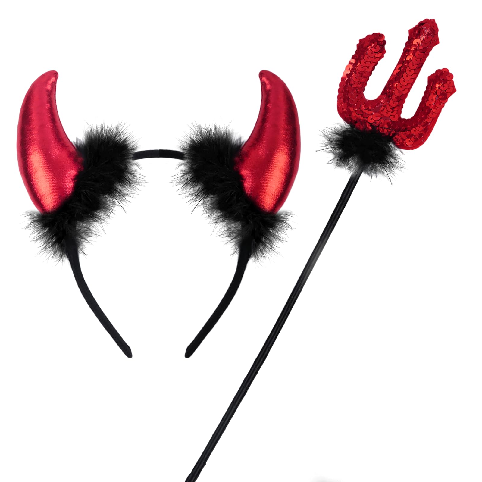 ROSAUI Devil Horns Headband & Sequin Pitchfork Trident Set - Classic Red & Black Halloween Costume Accessories for Adults (Men & Women) | Perfect for Halloween Parties, Cosplay & Carnival Events