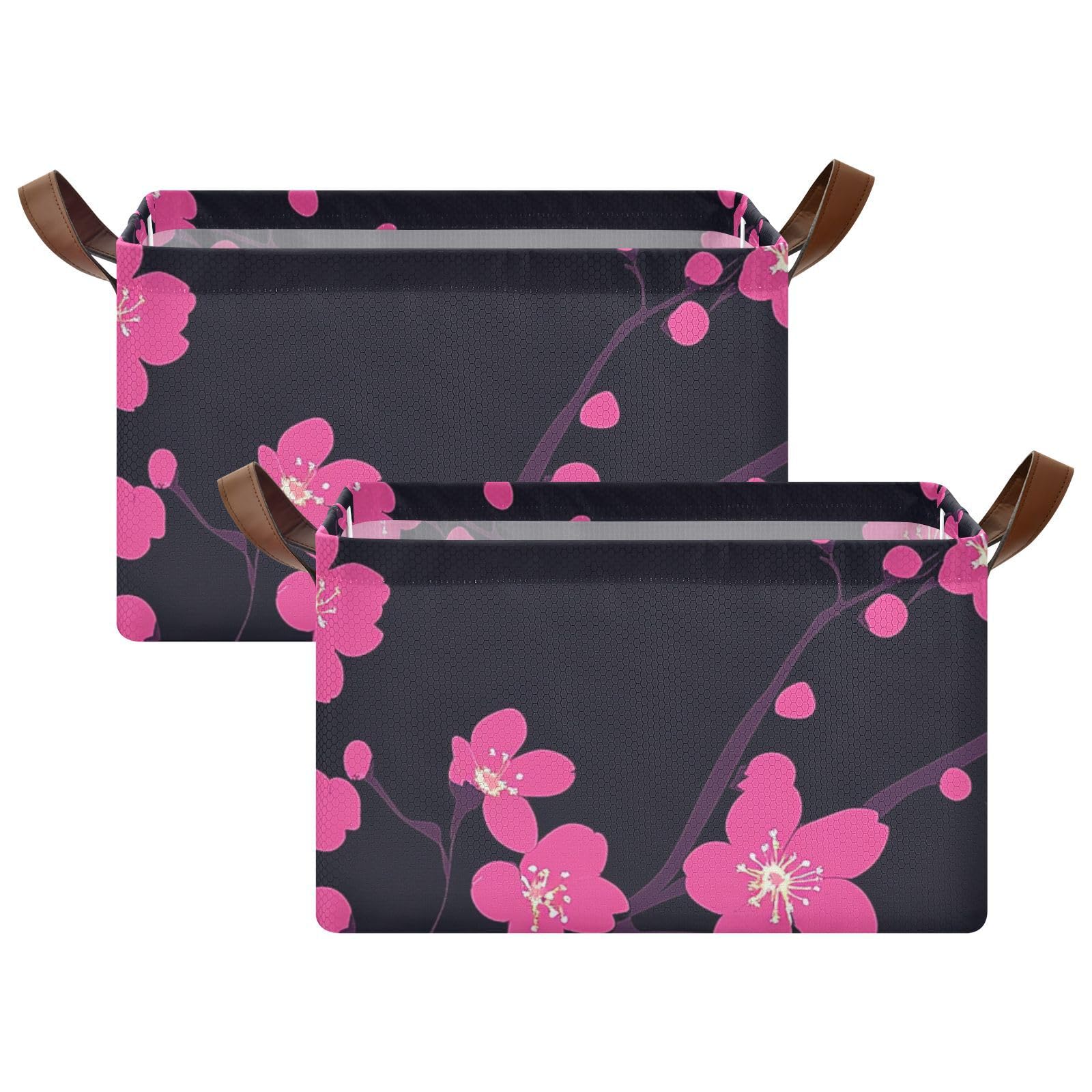 Cherry Blossom Pattern Foldable Storage Baskets with Handles - 2 Pack Decorative Organizer Bins for Closet, Shelves, Books & Home Organization | Perfect for Bedroom, Bathroom, and Office Storage Solutions