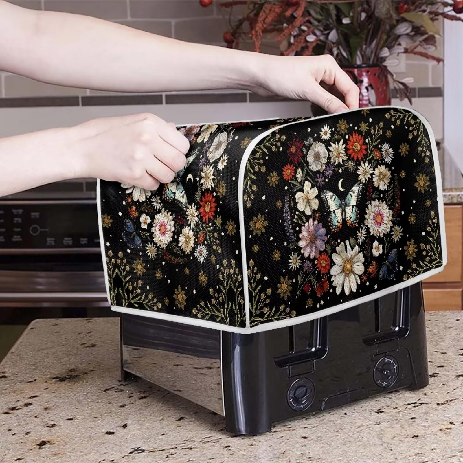 Lotusorchid Butterfly 2-Slice Toaster Cover - Washable & Decorative Dust Cover for Bread Makers & Kitchen Appliances - Perfect for Countertop Protection & Kitchen Decor (Black)