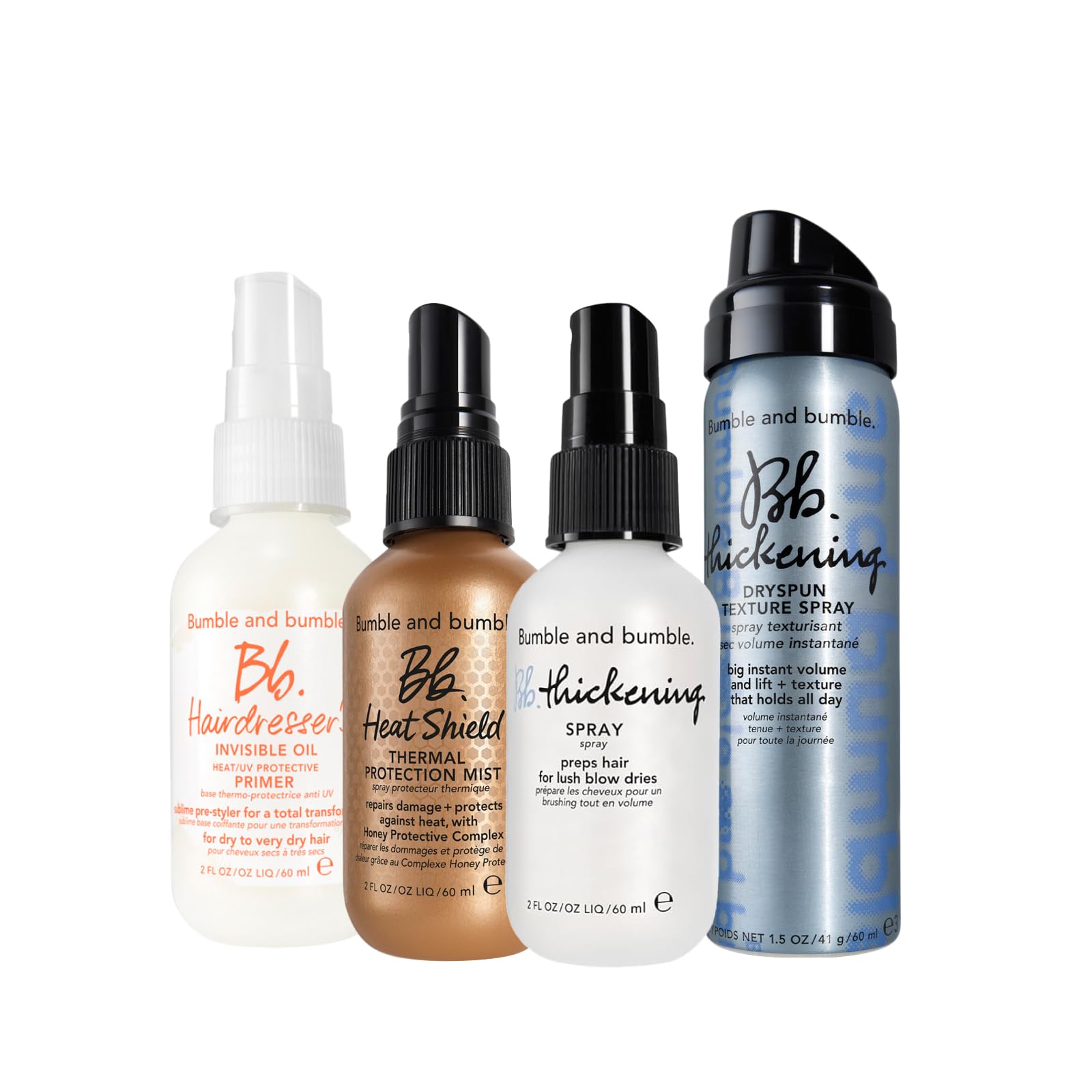 Bumble and Bumble Hairdresser's Invisible Oil Heat & UV Protection Leave-In Conditioner Primer + Thickening Dryspun Volume Spray + Heat Shield Set - Travel Size Mini for Damaged Hair, Heat Styling & UV Protection - Perfect for Vacation, Gym & On-The-Go Hair Care
