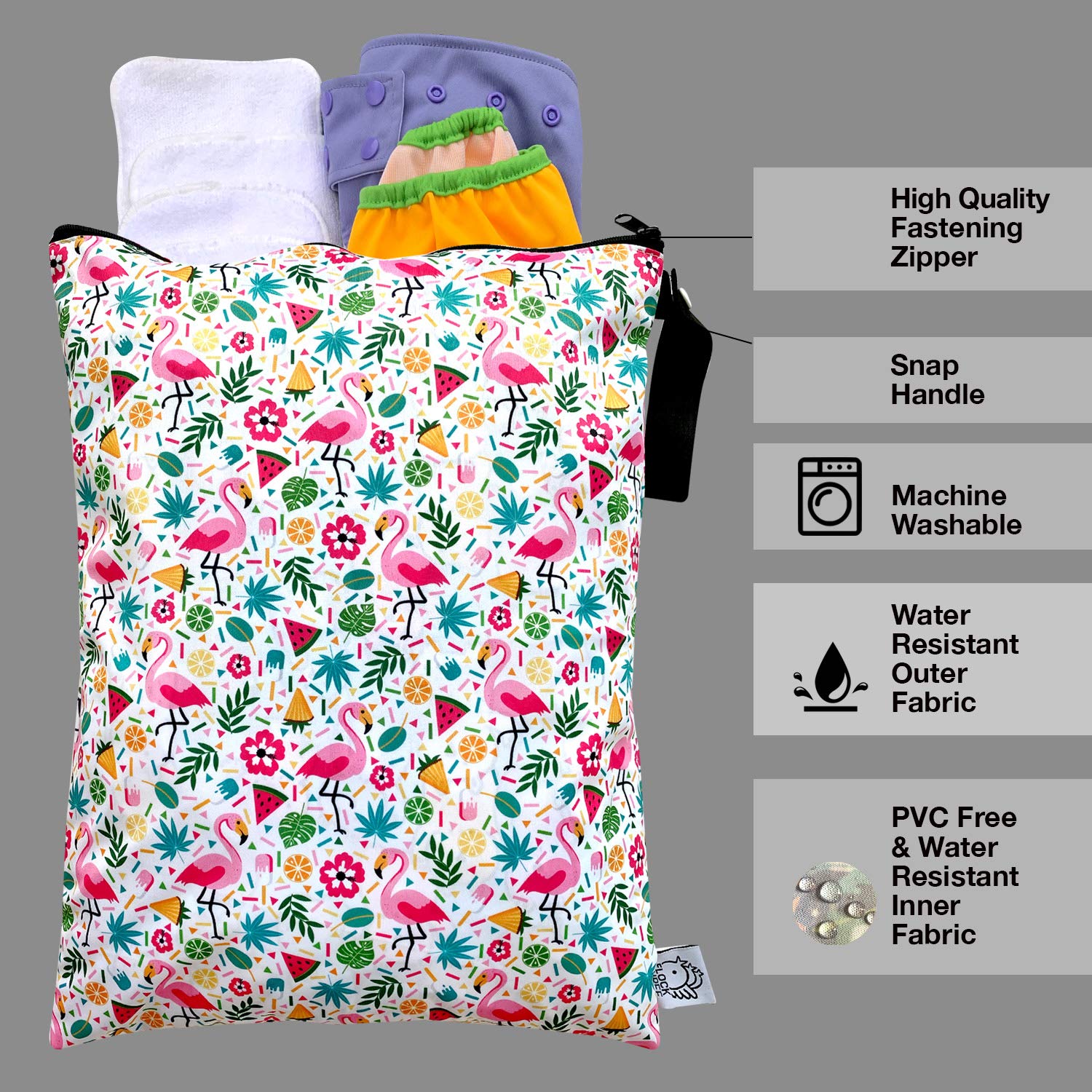FLOCK THREE Washable Reusable Wet Bag - Waterproof Diaper Bag, Swim Bag, Travel Toiletries Pouch - Pink Flamingo Print - 12.6
