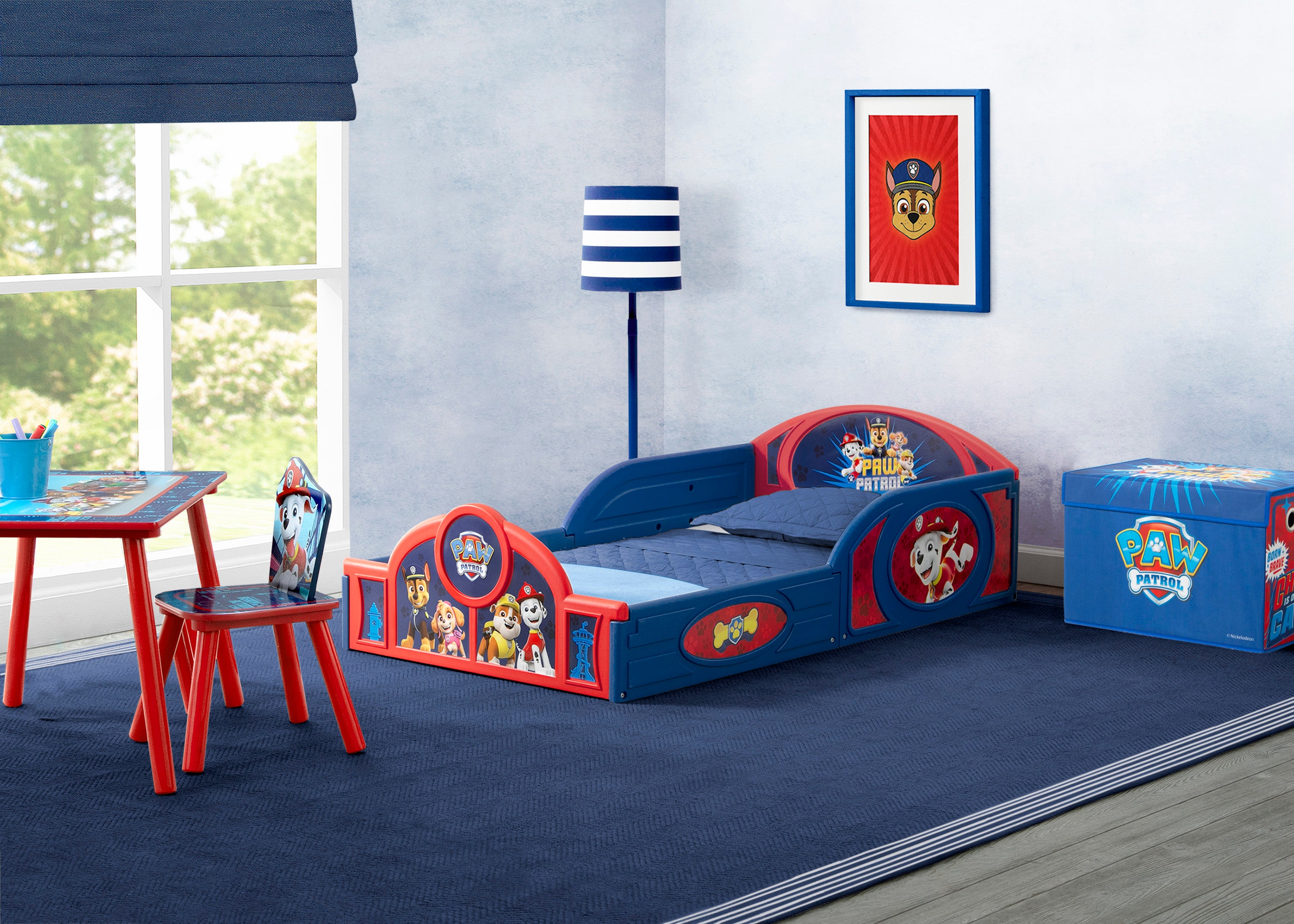 Paw Patrol 4-Piece Toddler Room Set - Includes Toddler Bed, Table, Chair & Fabric Toy Box for Kids' Bedroom Decor & Playroom Organization