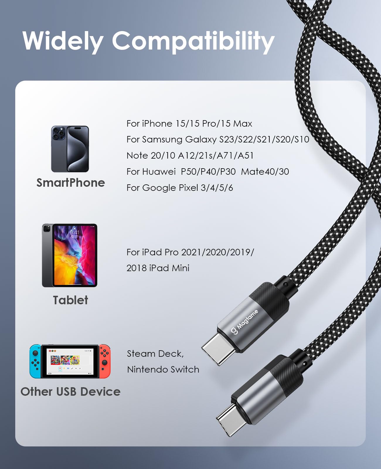 Magtame 5ft Magnetic USB C to USB C Cable - 60W Fast Charging (3A) | Nylon Braided Type C Charger for iPhone 15 Pro Max/Plus, Samsung Galaxy S23/S22, iPad & MacBook | Original Patent Design | Perfect for Travel, Office & Home Charging