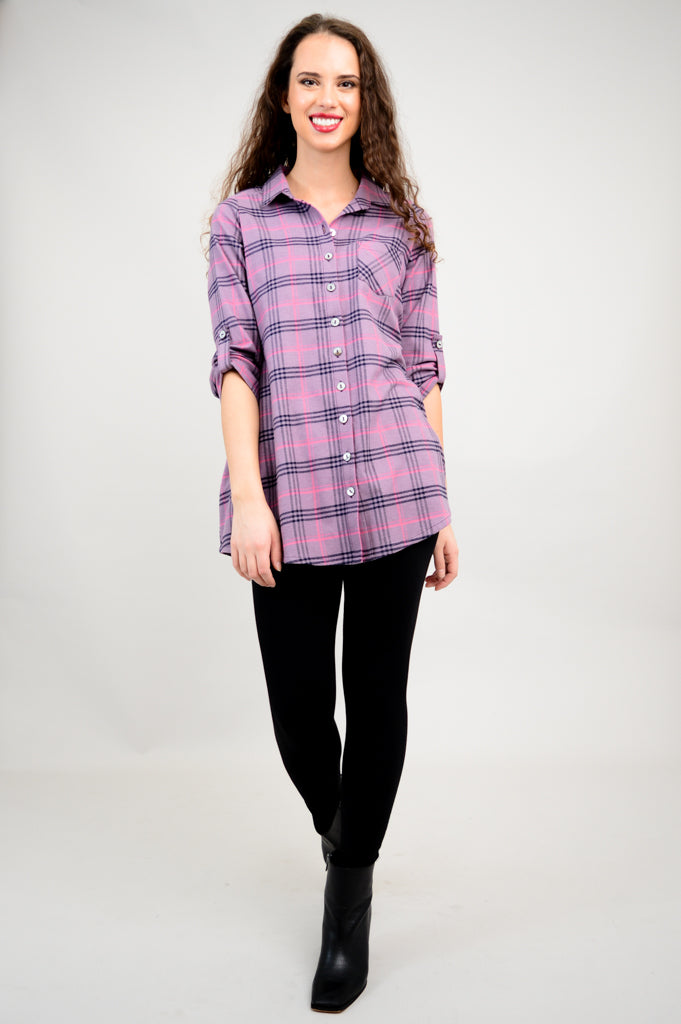 Celine Women's Cotton Flannel Tunic Top - Plum Plaid Print - Casual Long Sleeve Shirt for Fall & Winter Layering