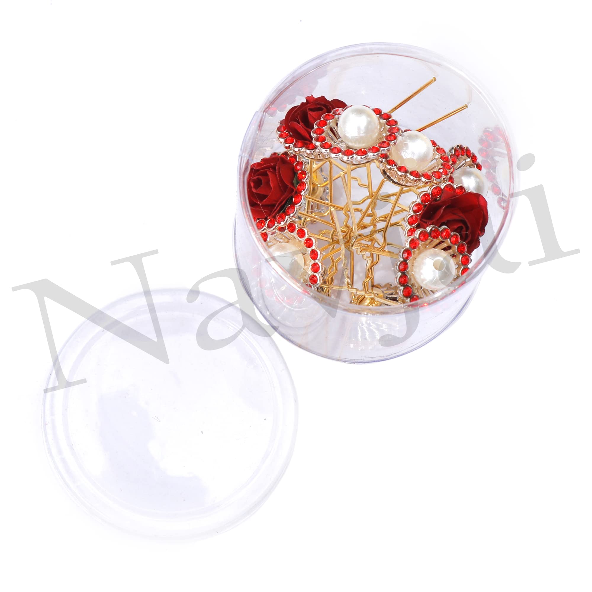 Handmade Red Rose Floral Hairpin - Elegant Bridal Hair Accessory with Imitation Crystal Rhinestones & Pearls, U-Shaped Hair Fork for Weddings, Parties & Special Occasions (Pack of 12)