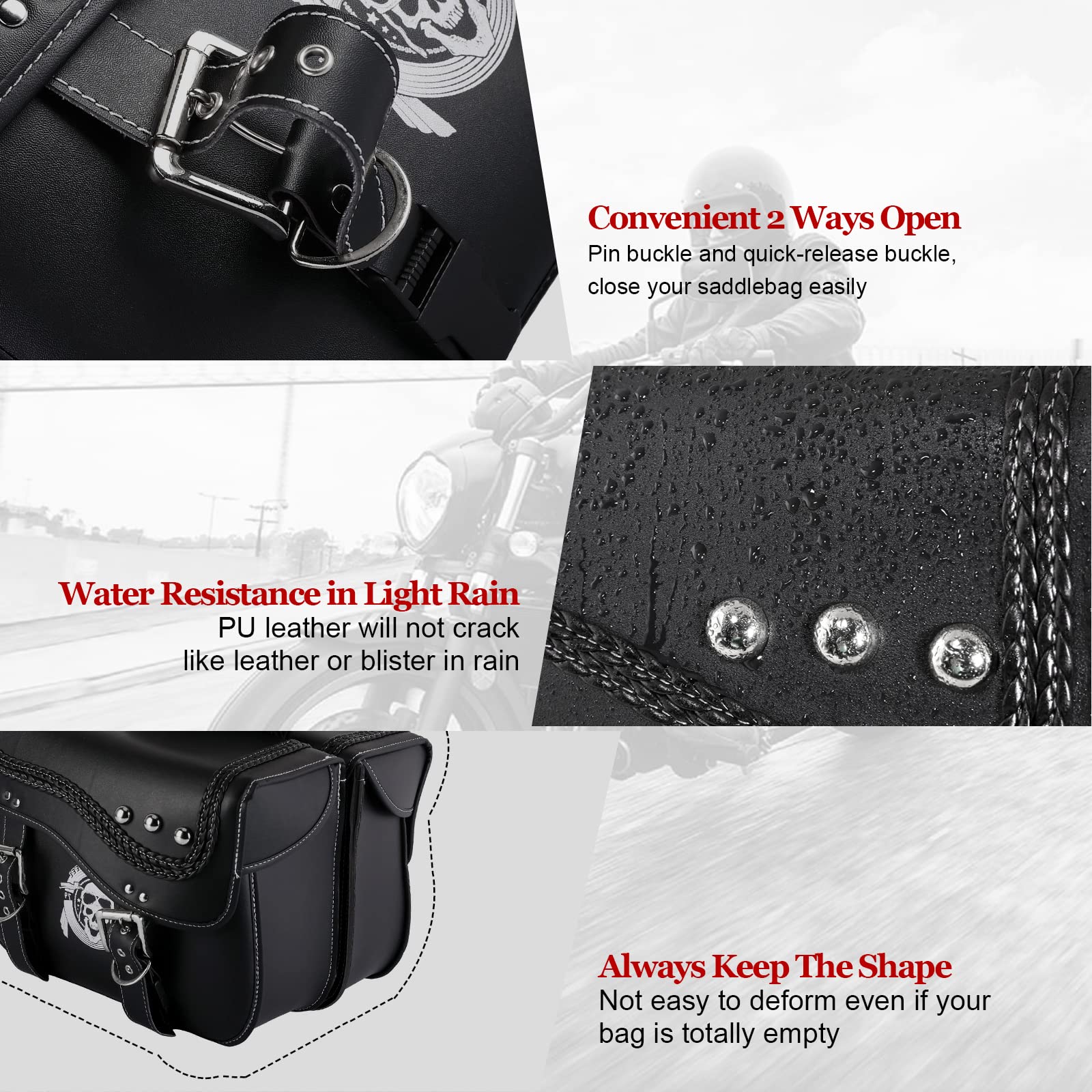 INNOGLOW Waterproof Motorcycle Saddlebags - Synthetic Leather Side Bags with Skull Pattern (2PCS) - Universal Fit for Harley, Sportster, Softail, Dyna, Suzuki & Kawasaki - Perfect for Long Rides, Commuting & Storage