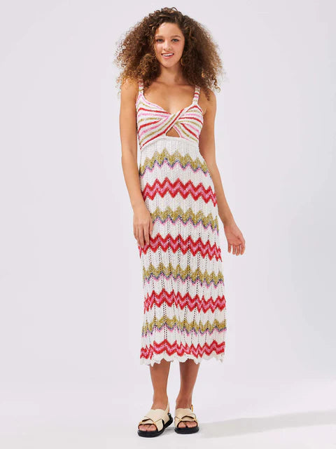 Boucle Twisted Bandeau Sundress - Zig Zag White Summer Dress for Beach Vacation, Pool Party & Casual Outings