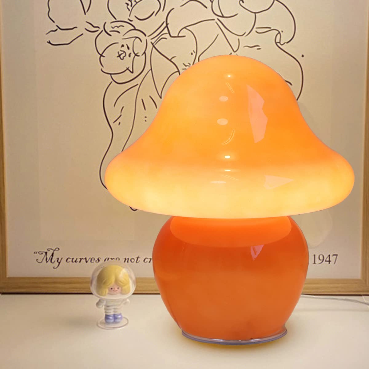 HEQET Orange White Glass Mushroom Table Lamp - Aesthetic Bedside Lighting for Bedroom, Living Room, Kids Room & Dorm Decor - Perfect Night Light, Reading Lamp & Cozy Ambience Creator