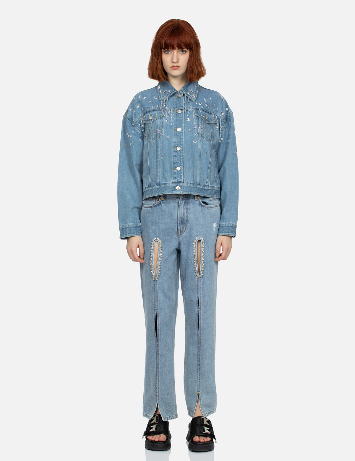 Crystal Embellished Oversized Denim Jacket for Women - Trendy Rhinestone Decorated Distressed Denim Coat - Perfect for Casual Outfits, Parties & Streetwear Fashion