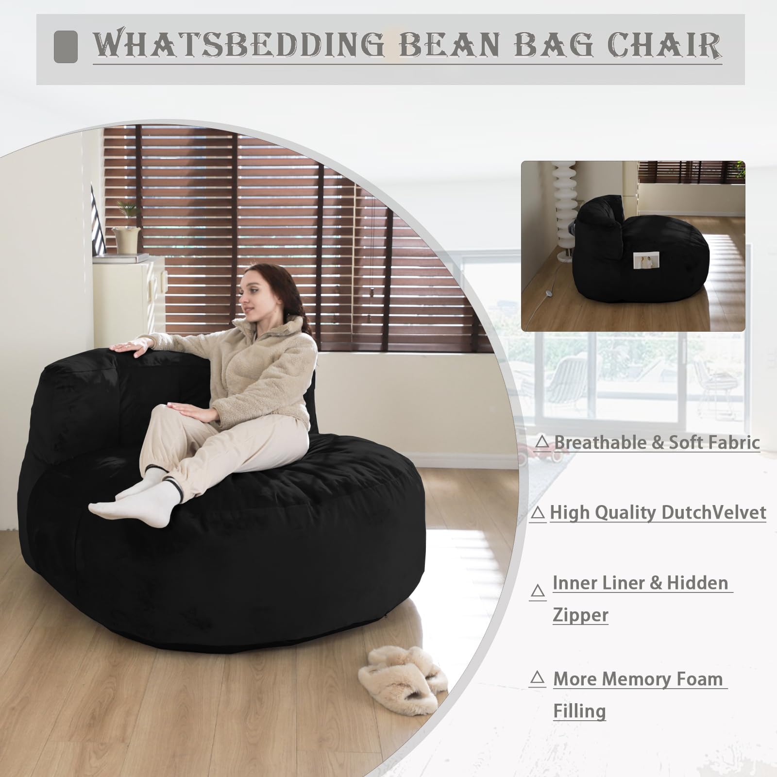 5FT Giant Bean Bag Chair with Memory Foam Filling - Dutch Velvet Cover for Adults, Kids & Teens - Large Black Beanbag Sofa with Back Support - Perfect for Living Room, Game Room & Dorm Relaxation
