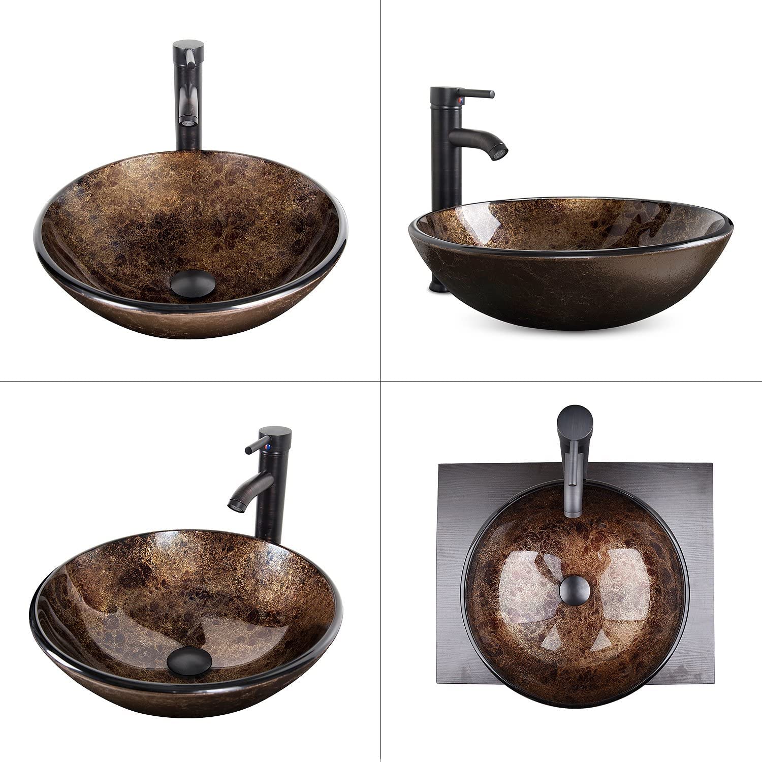 YOURLITE 16.5 Inch Modern Tempered Glass Bathroom Vessel Sink with Oil Rubbed Bronze Faucet & Pop Up Drain - Elegant Above Counter Wash Basin for Vanity, Powder Room, and Luxury Home Decor