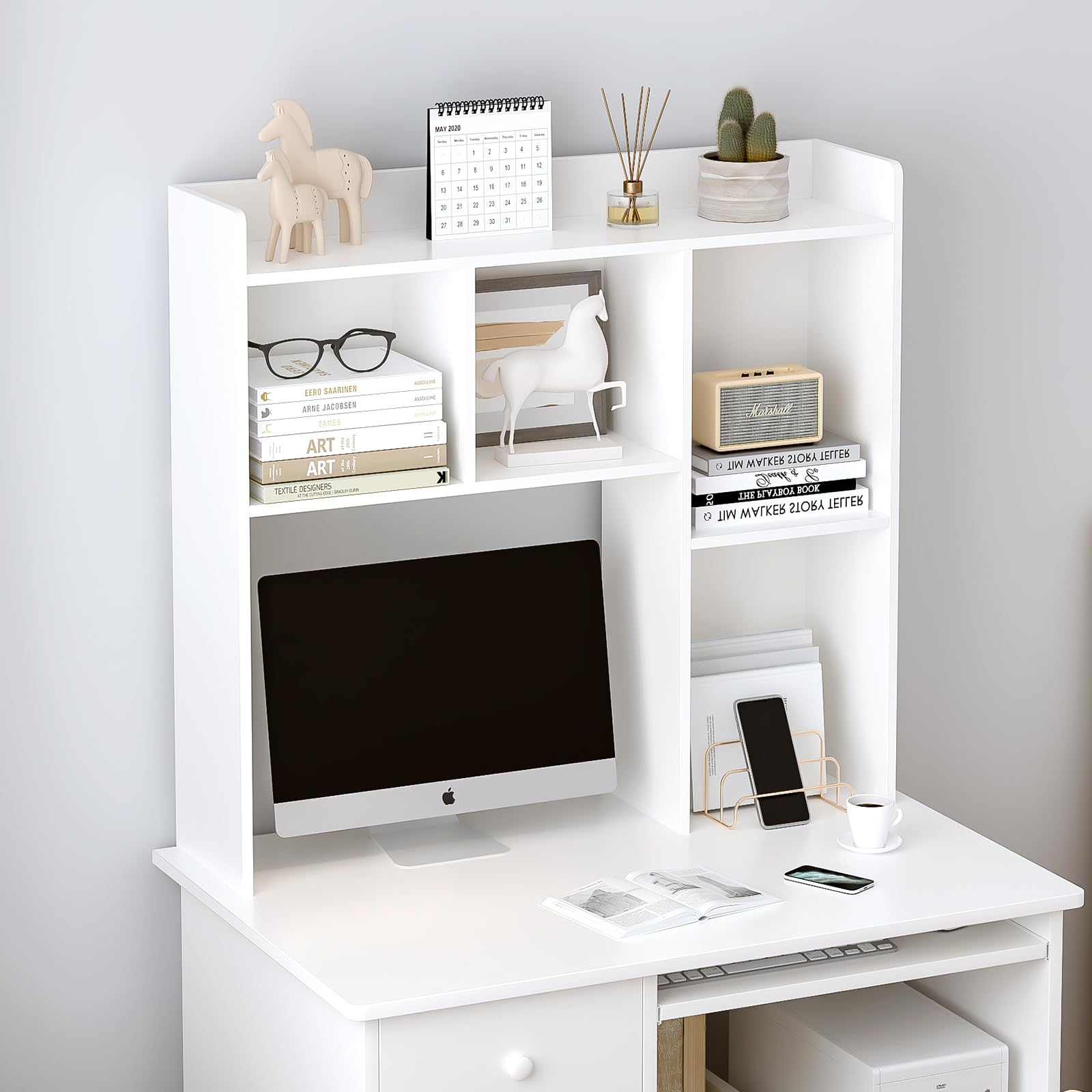 White Wooden Desktop Hutch Bookshelf - 37.4
