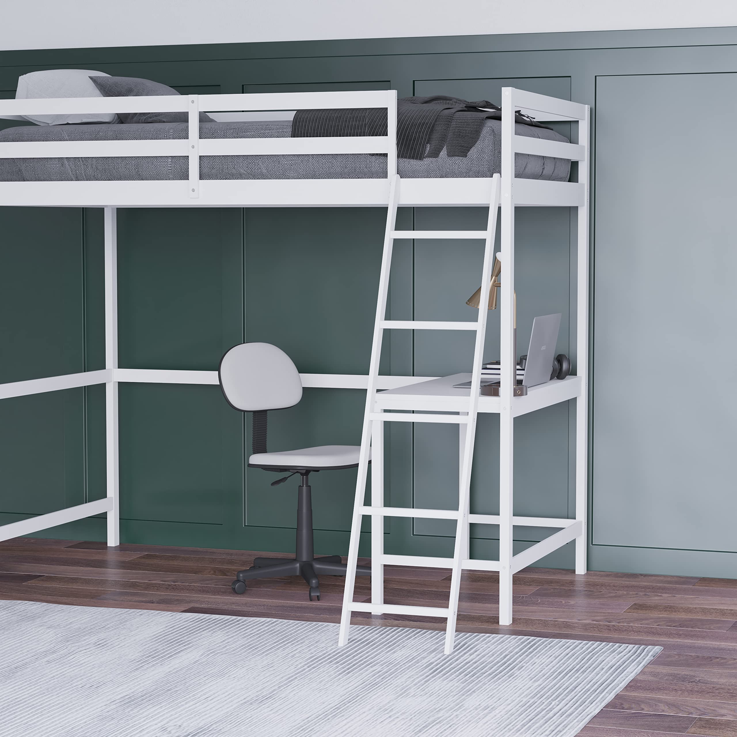 Emma & Oliver Ridley Twin Size Loft Bed with Built-in Desk - White Pine Wood Frame with Safety Guardrails - Fits 6-8