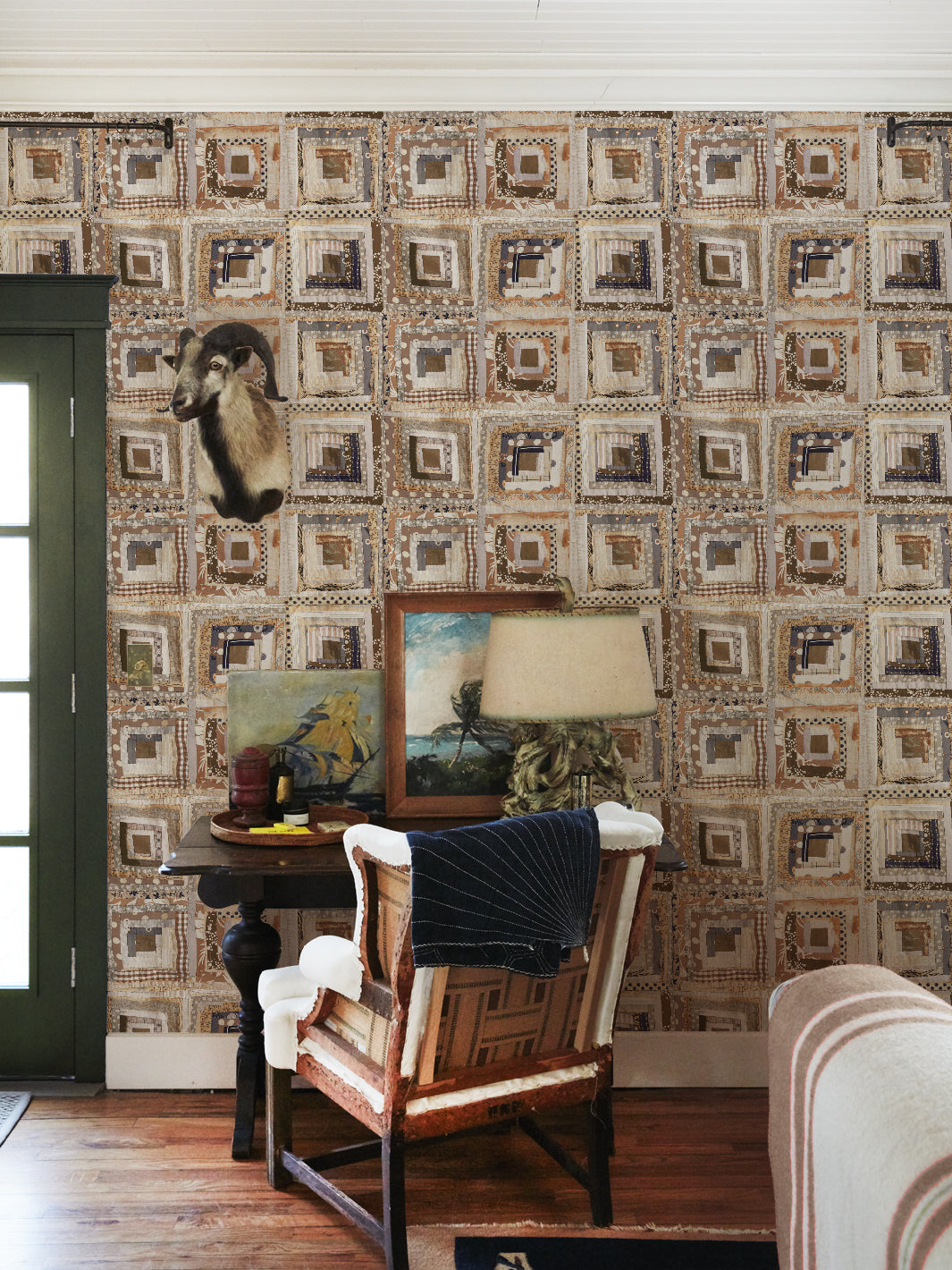 Chris Benz Log Cabin Quilt Wallpaper - Neutral Tones for Rustic Home Decor & Cozy Cabin Interiors