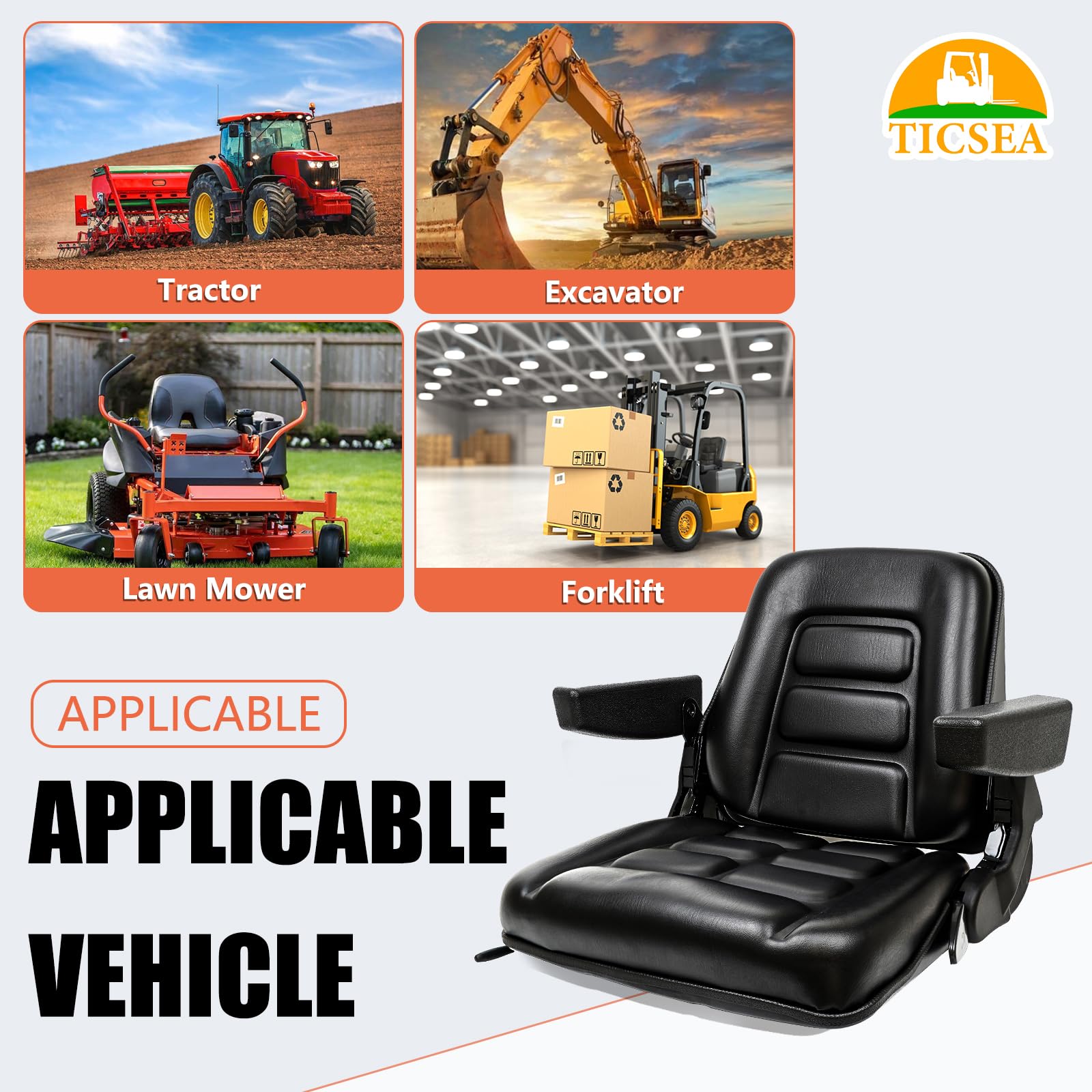 Universal Fold Down Forklift Seat with Adjustable Angle Backrest, Armrests & Micro Switch - Heavy Duty Suspension Seat for Tractors, Excavators, Skid Steers, Backhoes, Dozers & Telehandlers - Ergonomic Design for All-Day Comfort in Construction & Farming Operations