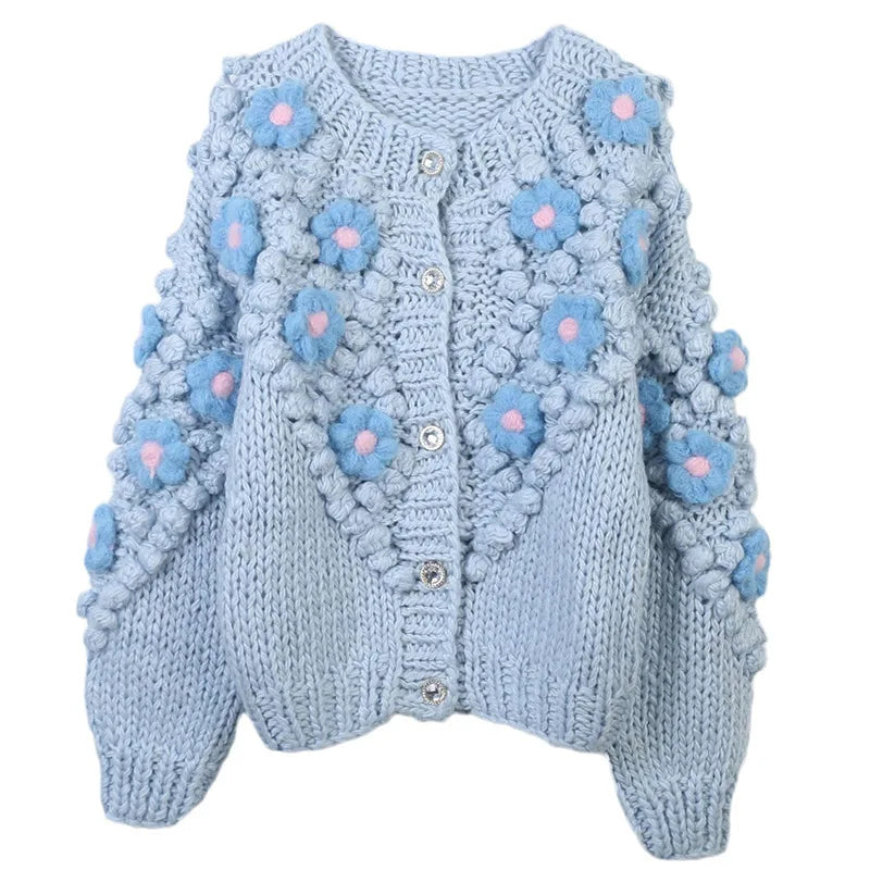 Handmade Crochet Sweater for Women - Thick Knit Winter Cardigan with Cute Flower & Fur Ball Details | Cozy Fall & Winter Fashion | Perfect for Casual Outings, Date Nights & Holiday Gatherings