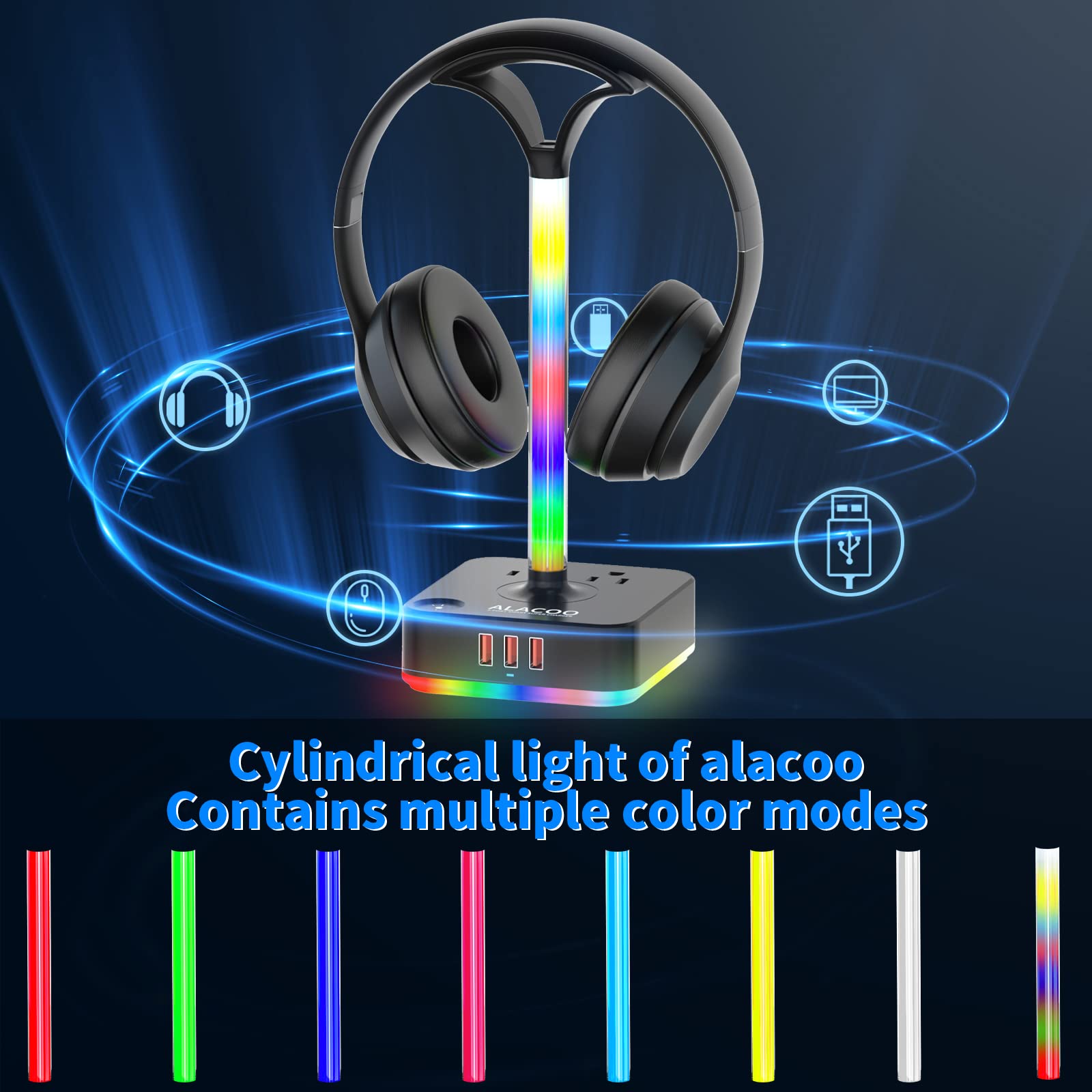 RGB Gaming Headphone Stand with USB Charger & AC Outlet - 3-Port USB Hub, 8 Color LED Modes, Universal Headset Holder for PC, PS5, Xbox - Perfect for Gaming Setup, Home Office & Desk Organization