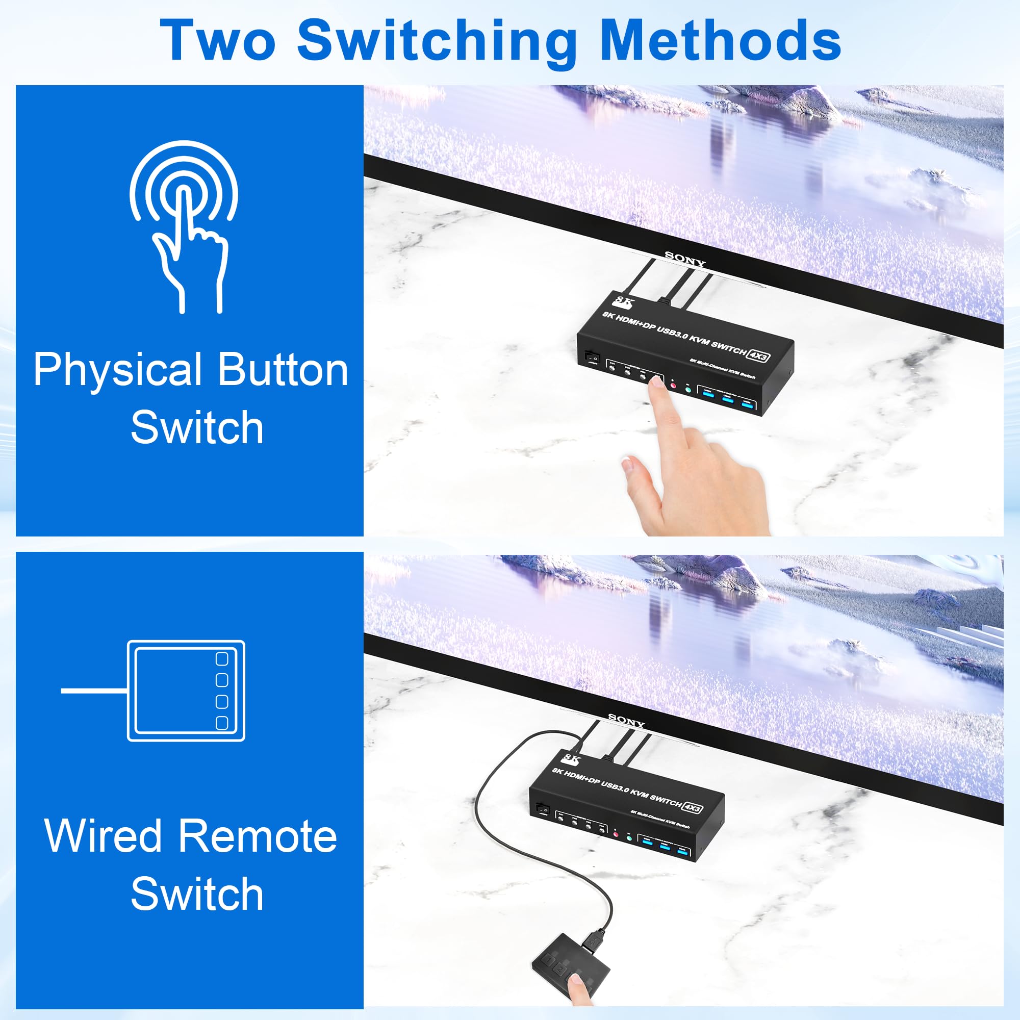Premium 8K@60Hz Triple Monitor KVM Switch - 2 DisplayPort 1.4 + HDMI 2.1 Ports, USB 3.0 Hub, Audio/Mic Support for 4 Computers | Ideal for Gaming, Trading & Multi-Tasking Workstations