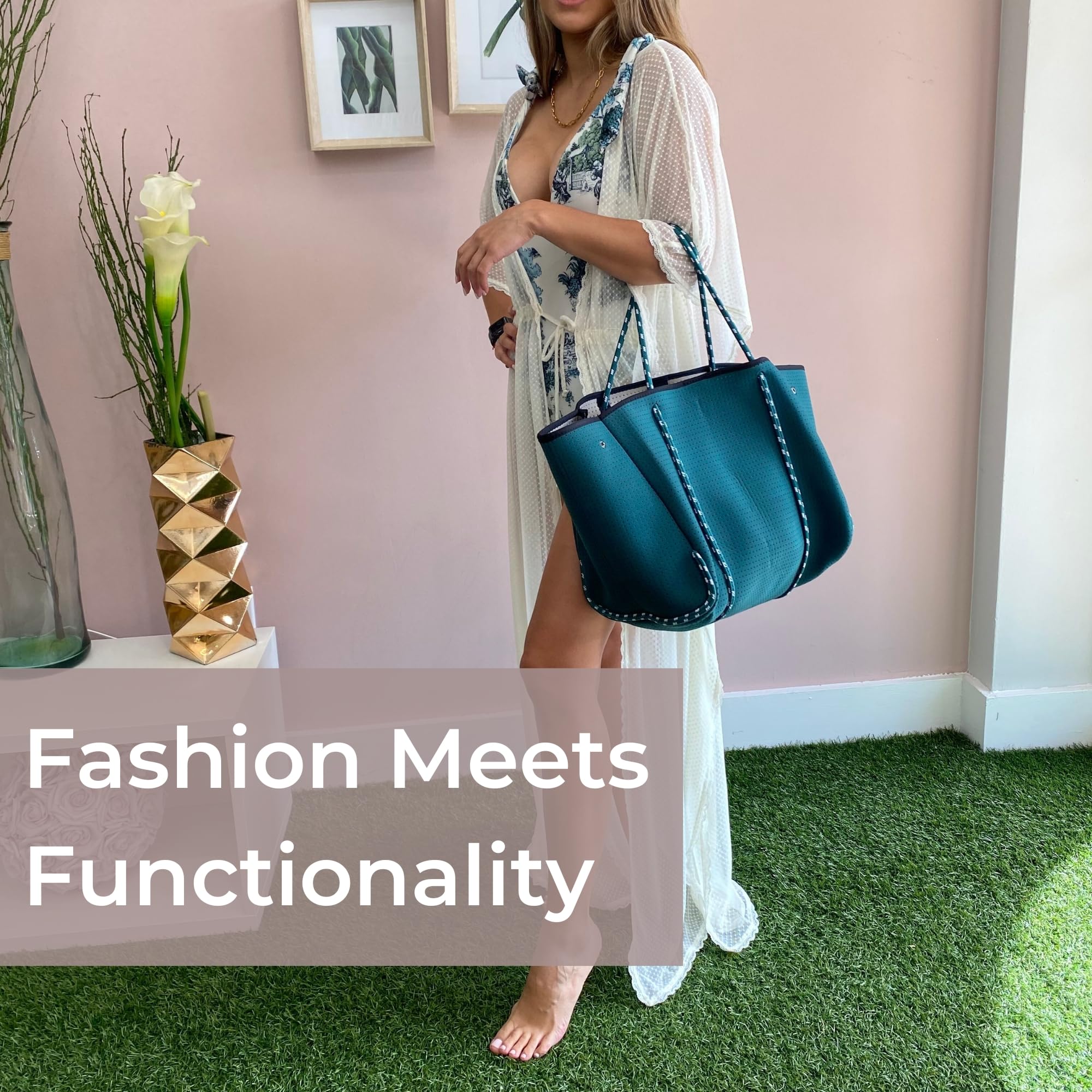 Stylish Large Neoprene Tote Bag for Women - Water-Resistant Designer Handbag with Multiple Pockets & Zipper Pouch - Perfect for Work, Travel, Gym & Beach Day Essentials