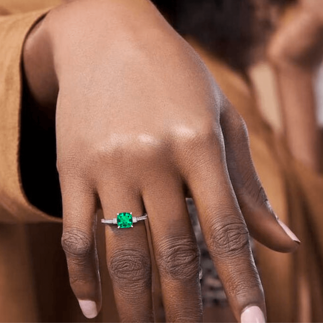 Colombian Created Emerald Three Stone Ring - 14K Gold Plated Elegant Jewelry for Women | Perfect for Engagement, Wedding & Special Occasions
