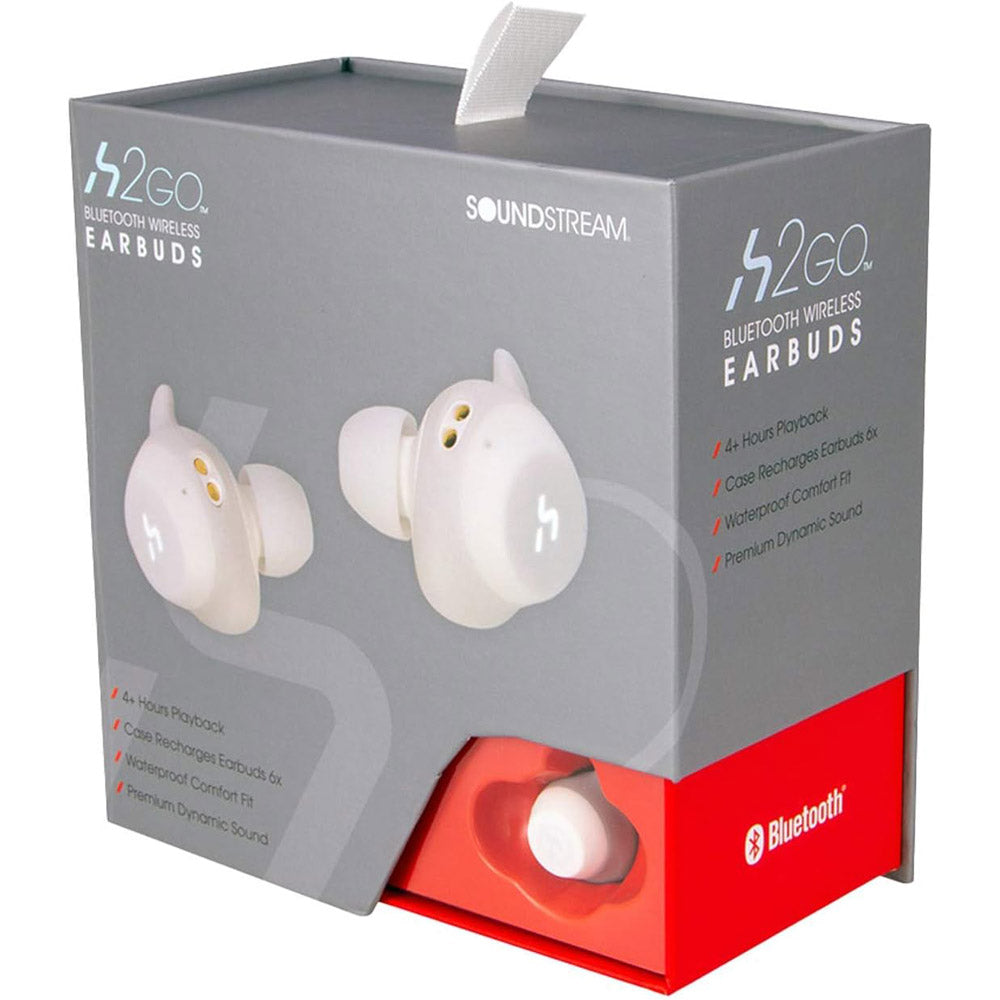 Soundstream h2GO True Wireless Earbuds - Bluetooth 5.0 Earbuds with 24H Playtime, IPX7 Waterproof, Noise Cancelling, Built-in Mic for Running, Gym, Workout & Travel (White)