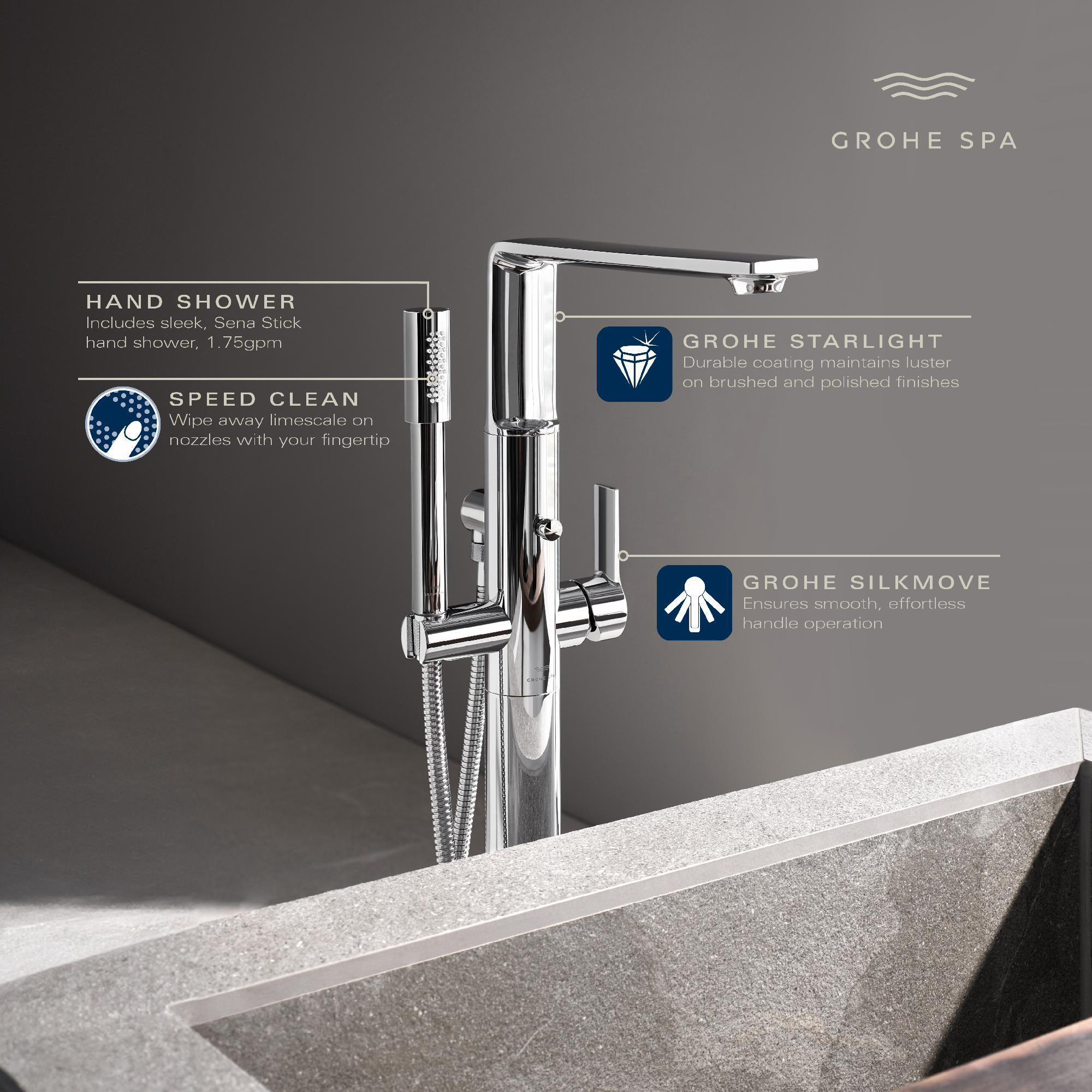 Grohe Allure Freestanding Tub Faucet Trim with Hand Shower in Chrome Finish 25222001 - Perfect for Modern Bathroom & Spa Retreats