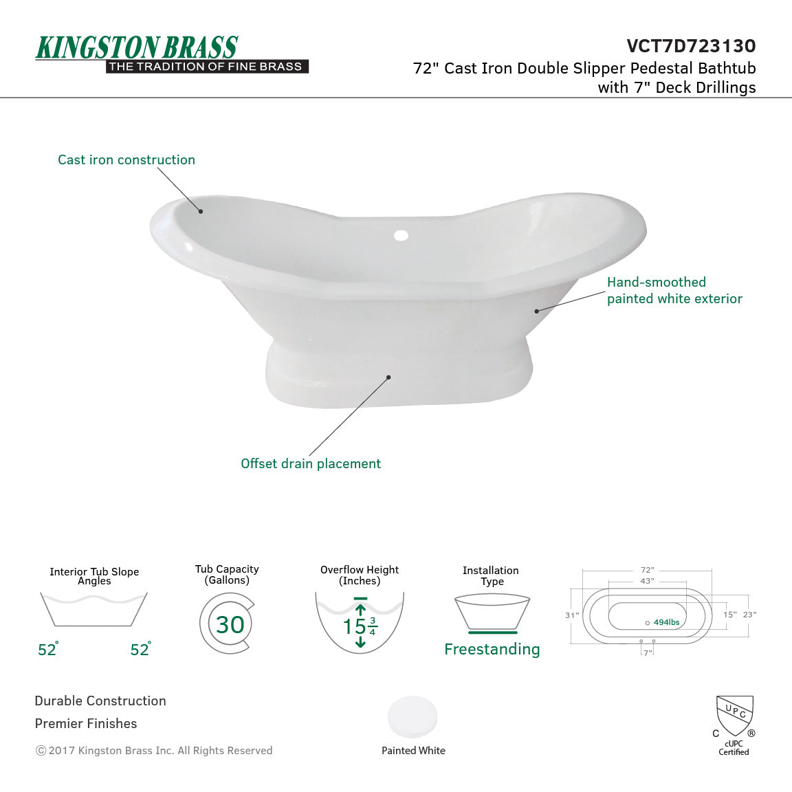 Aqua Eden 72 Inch White Cast Iron Oval Double Slipper Pedestal Bathtub with 7 Inch Faucet Drillings - Luxury Freestanding Soaking Tub for Spa Bathroom & Master Suite Relaxation