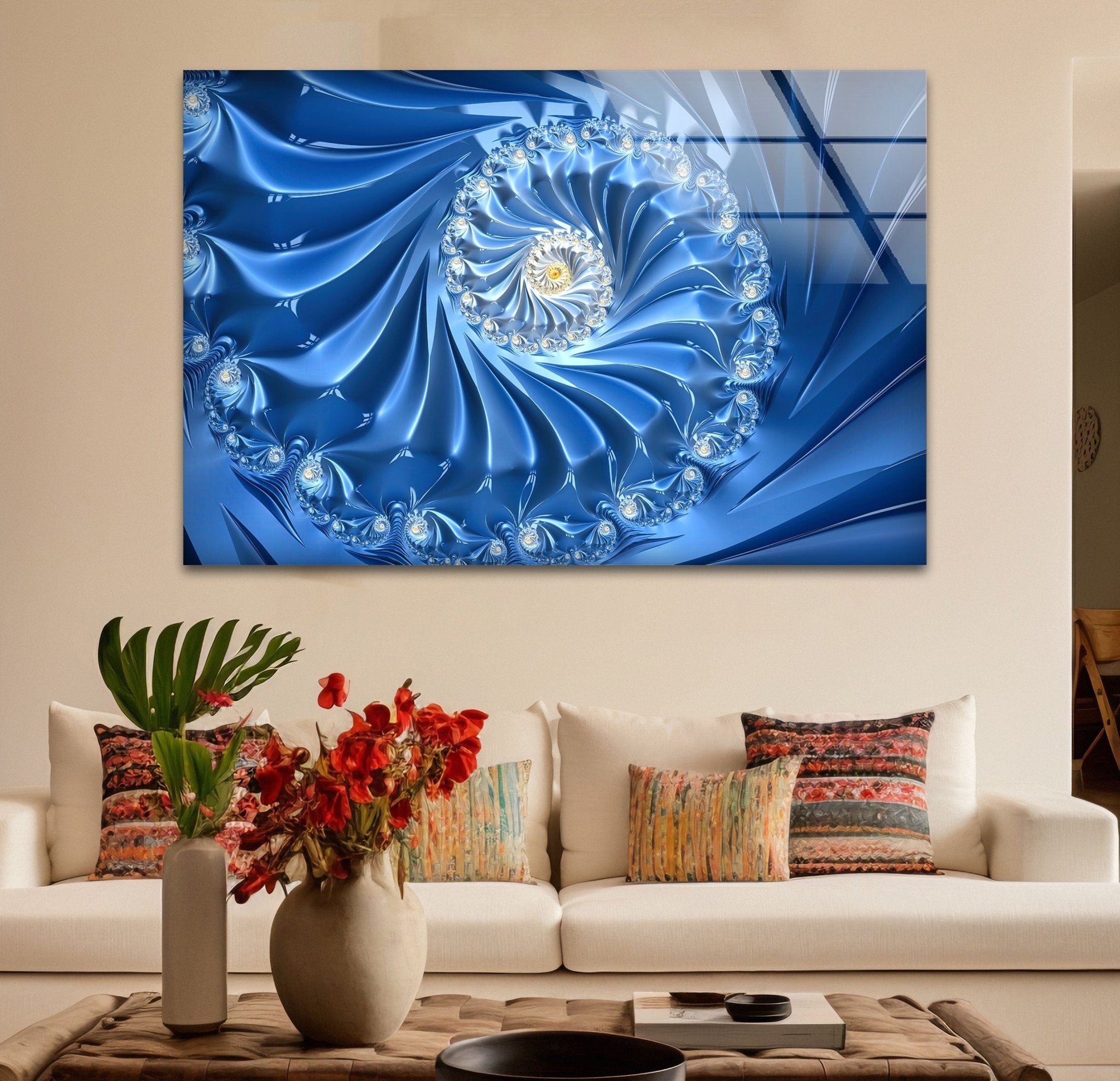 Abstract Blue Fractal Glass Wall Art - Handmade Modern Home Decor for Living Room, Bedroom & Office - Unique Swirl Design for Contemporary Interior Design