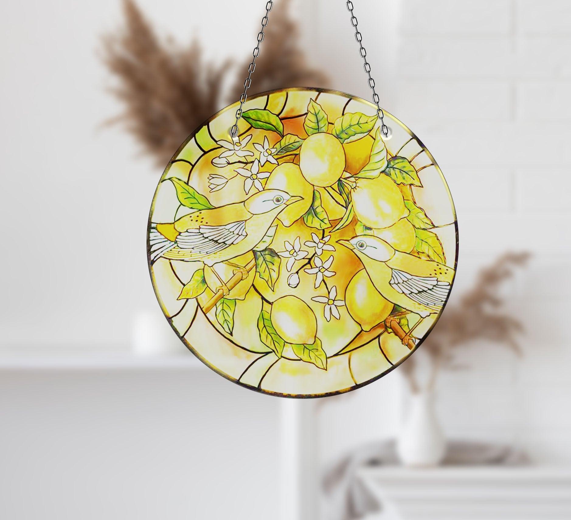 Vibrant Birds & Lemon Tree Suncatcher - Handmade Stained Glass Window Decor for Home, Office & Garden - Perfect for Living Room, Bedroom & Outdoor Spaces