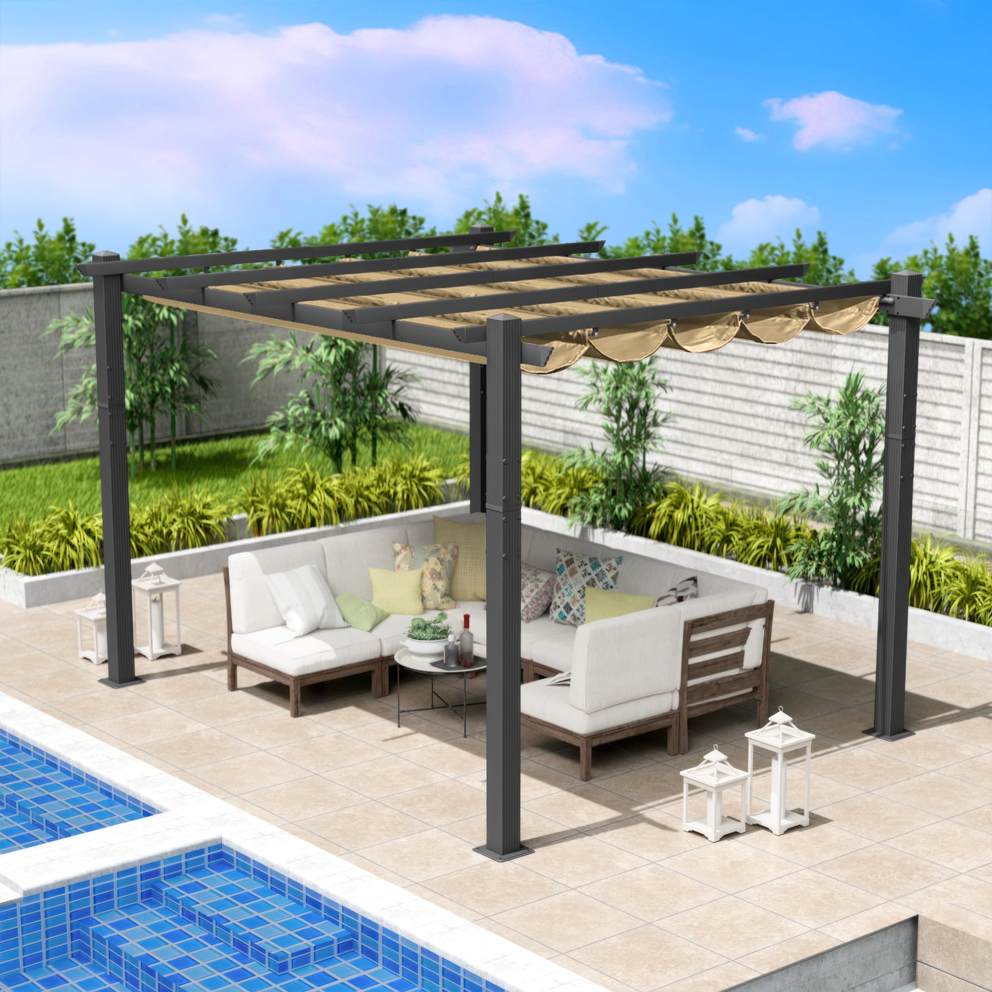 Kozyard Morgan 10' x 12' Beige Retractable Aluminum Pergola with Sun Shade Canopy - Modern Outdoor Patio Cover for Backyard, Deck & Garden - Perfect for BBQs, Outdoor Dining & Relaxation in Shade
