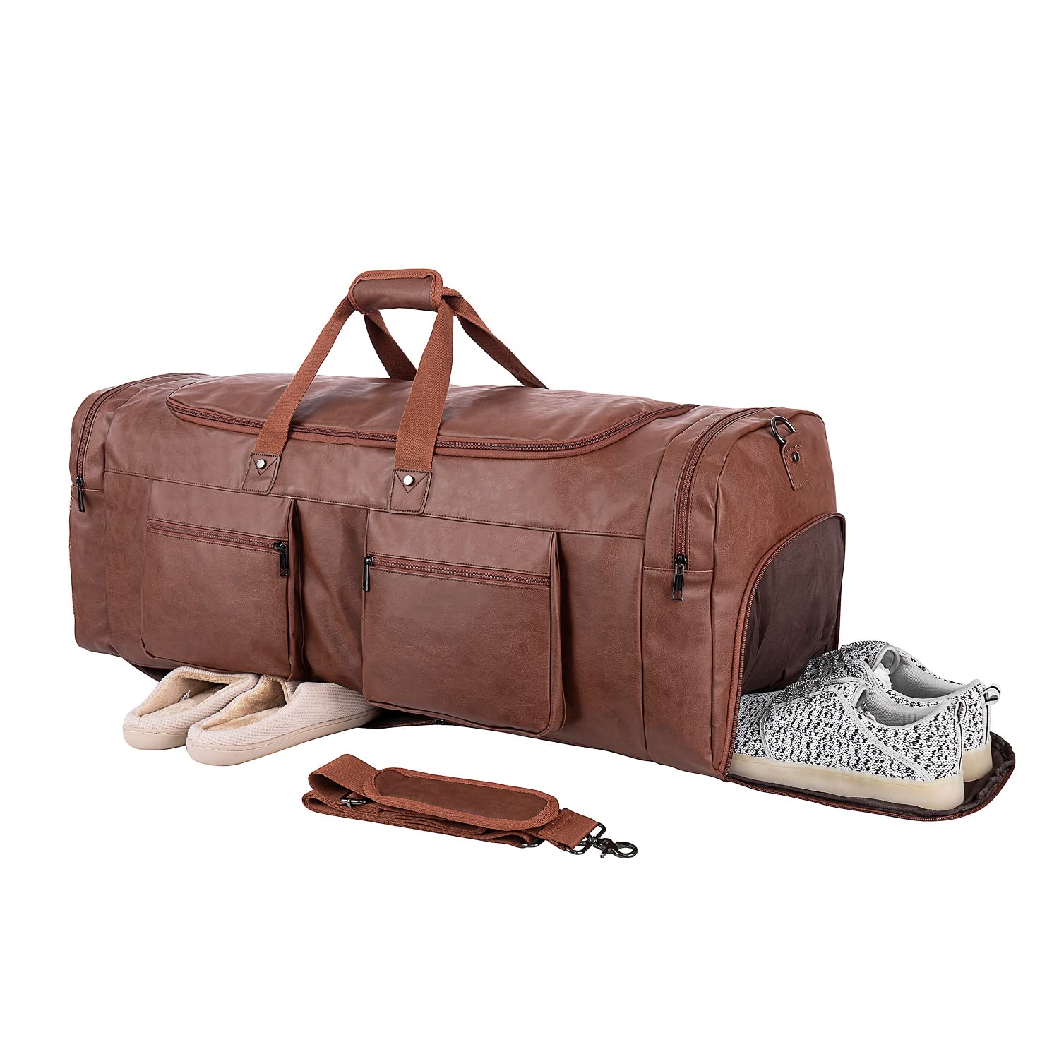 Premium 32 Inch Leather Duffel Bag with Detachable Shoe Pouch - Large Travel Carry On Weekender Bag for Men & Women - Perfect for Gym, Overnight Trips & Business Travel - Durable Brown Leather Overnight Bag