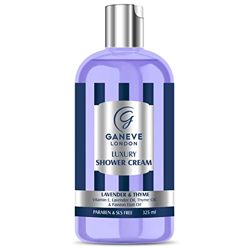 Ganeve London Luxury Shower Cream with Lavender, Thyme & Vitamin E - Natural Moisturizing Body Wash with Essential Oils, Paraben & SLS Free (10.9 fl oz) for Relaxing Bath & Spa Experience at Home