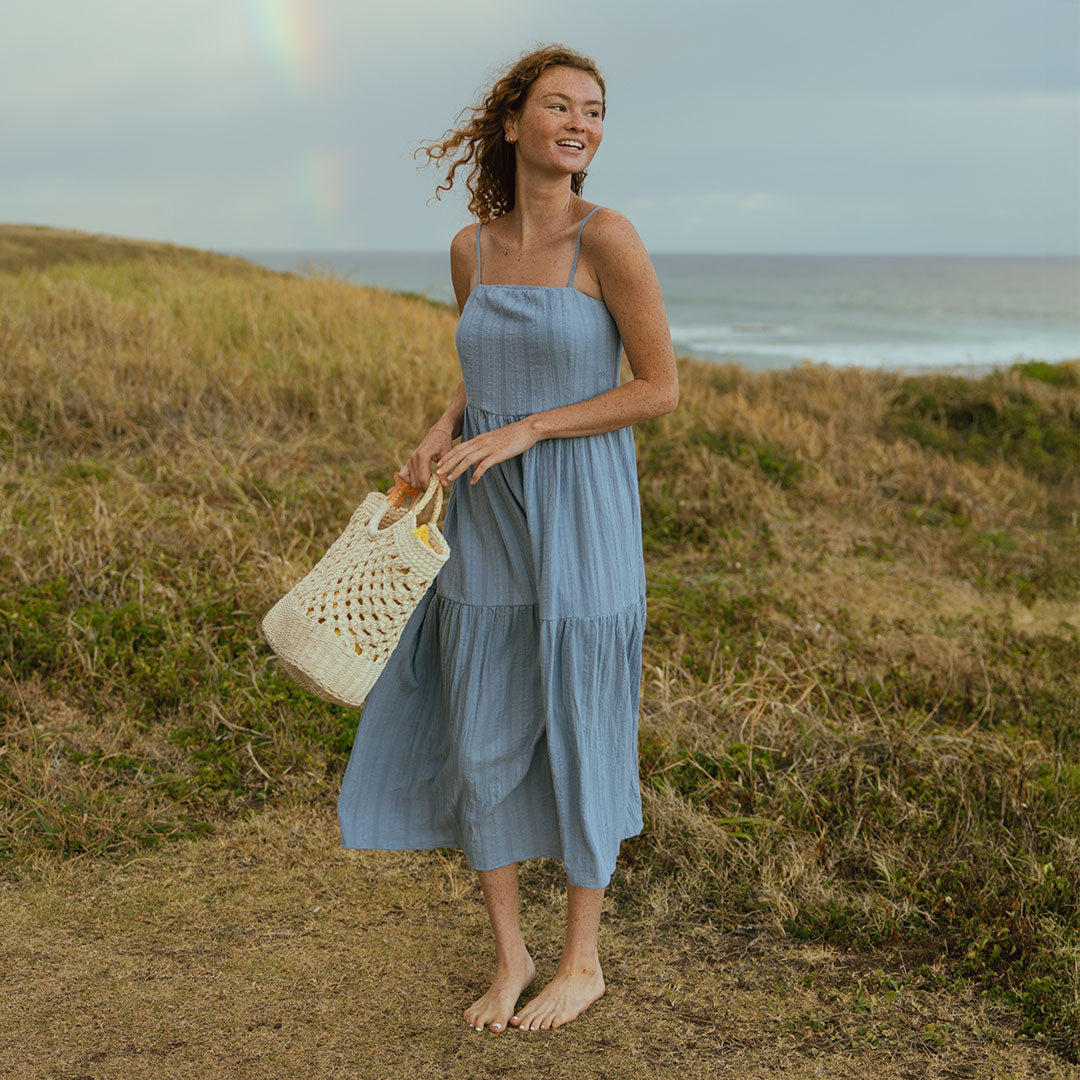 Elegant Cabo Midi Dress in Dusk Blue - Perfect for Beach Vacations, Summer Parties & Casual Outings