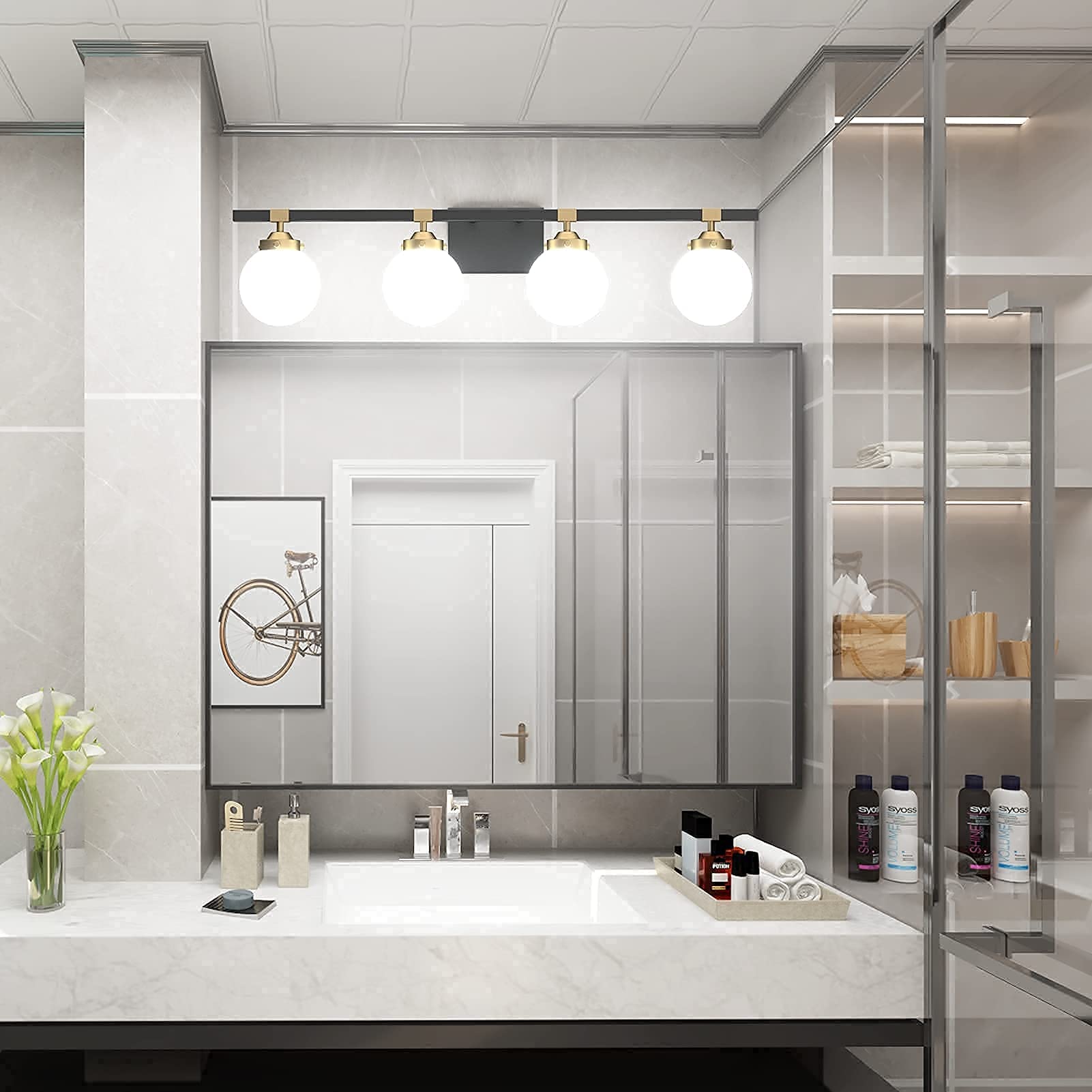 Tipace 4-Light Mid Century Modern Bathroom Vanity Lighting Fixture - Black/Gold Finish with Milk White Glass Globes for Mirror Lighting (Bulbs Not Included) | Perfect for Bathroom, Powder Room, and Dressing Area Vanity Mirror Illumination