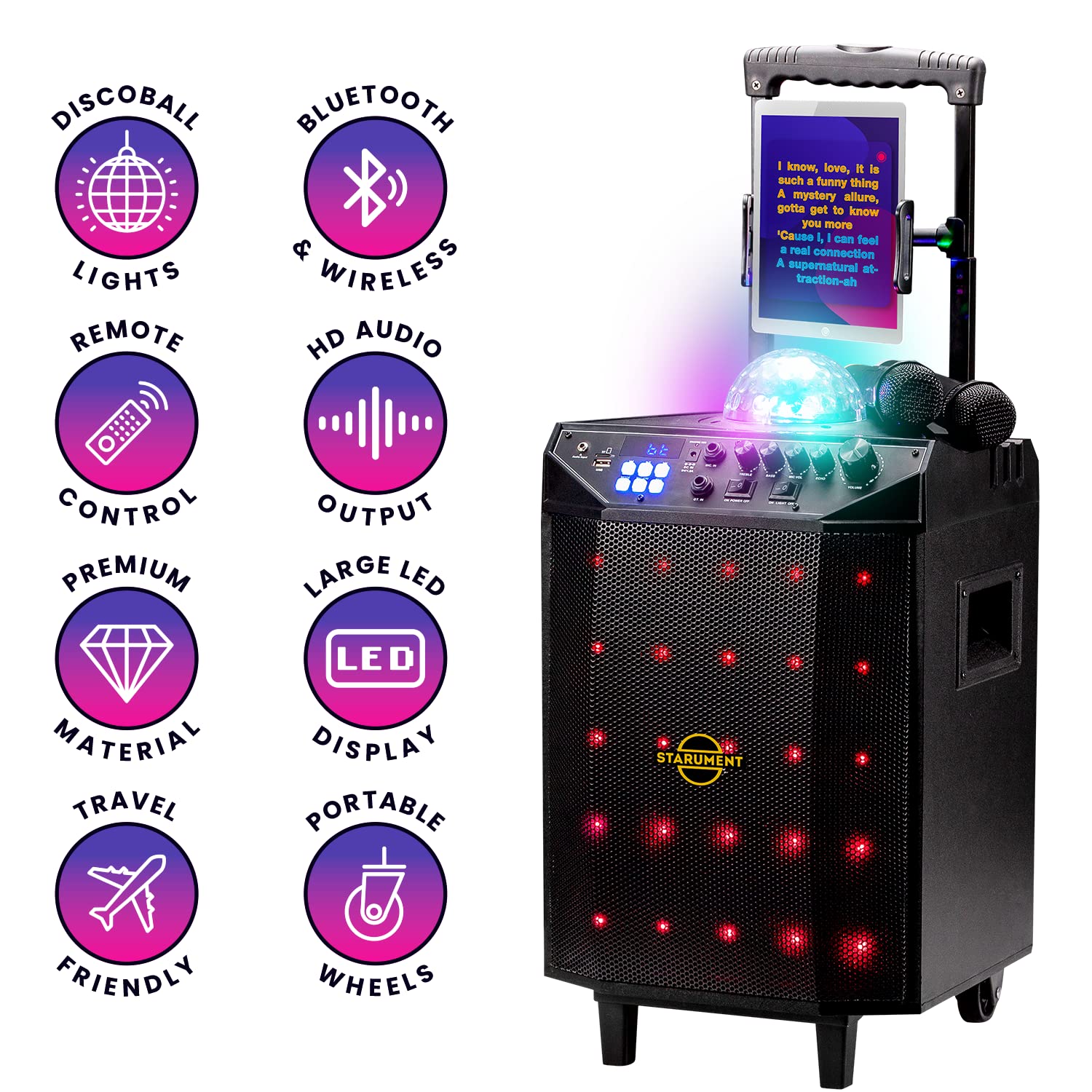 Portable Karaoke Machine with Bluetooth Speakers, 2 Wireless Microphones, Disco Ball & LED Lights - Starument Complete Karaoke System for Adults & Kids - Perfect for Home Parties, Birthday Celebrations & Family Gatherings
