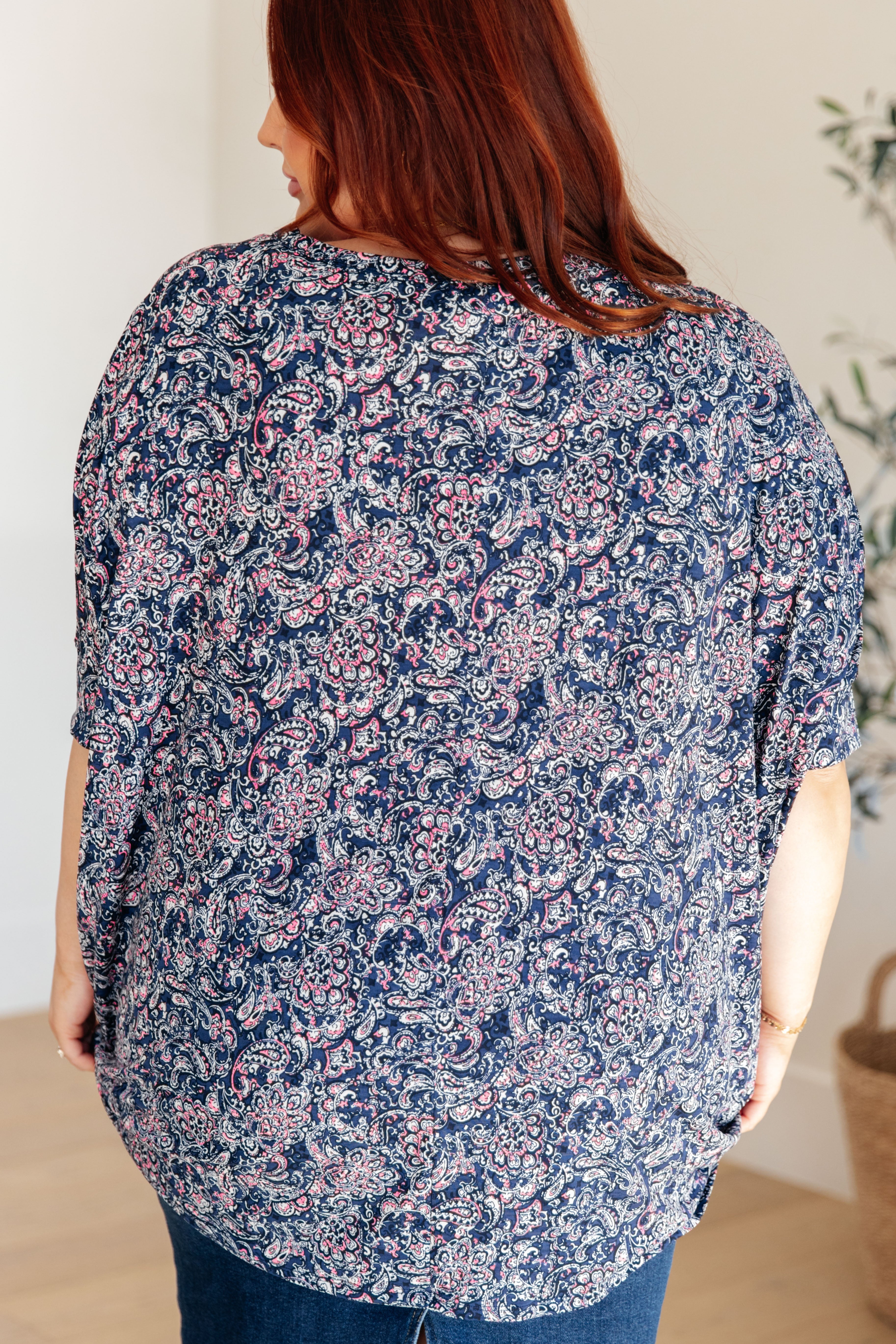 Dear Scarlett Navy Paisley Essential Blouse for Women - Flowy Casual Top with Short Sleeves - Perfect for Office, Date Night & Summer Outfits
