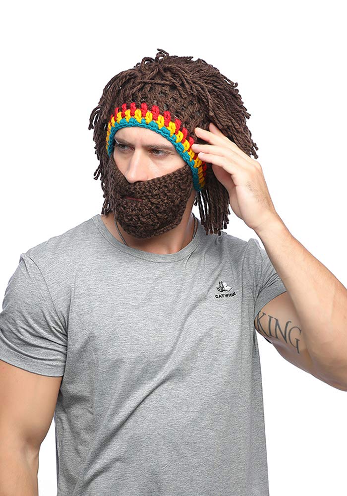 Xinqigo Rasta Beanie Wig & Beard Hat - Funny Caveman Costume for Halloween Parties, Cosplay, and Themed Events | Unisex Novelty Accessory