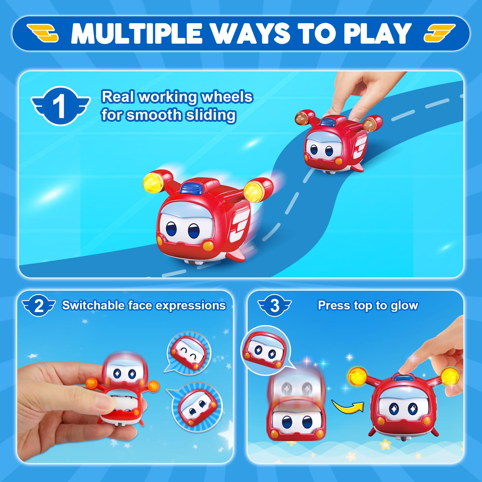 Super Wings Transforming Toys - 4 PCS Glow in The Dark & Face-Changing Jett Donnie Paul Dizzy Pet Playset, Stacking Educational Toys for Toddlers & Kids Ages 3-7 | Birthday Gifts, Preschool Learning, Interactive Playtime