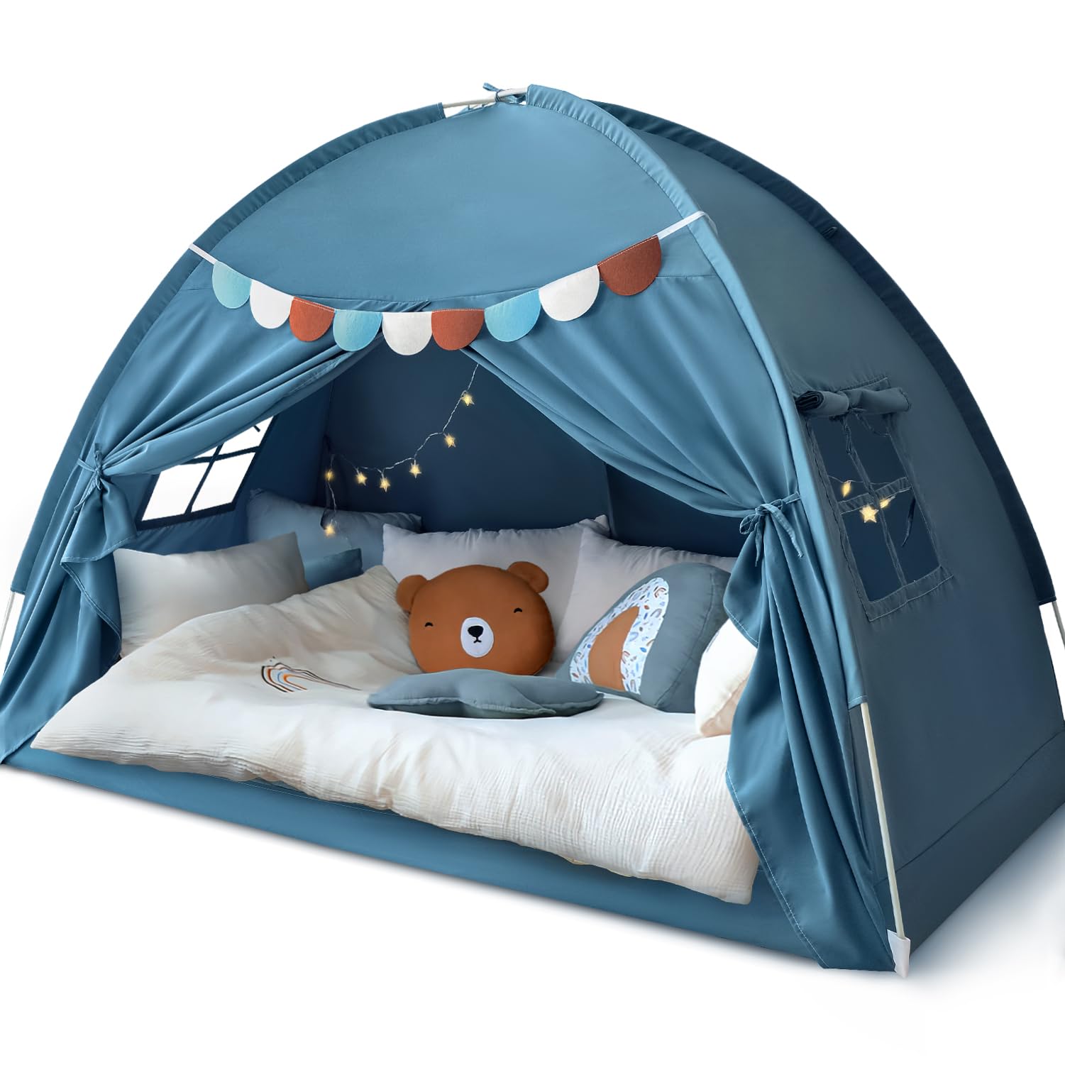 Kids Twin Bed Tent - Indoor Canopy Privacy Tent for Boys & Girls, Blue Jean Color - Perfect for Sleepovers, Reading Nooks & Drafty Rooms