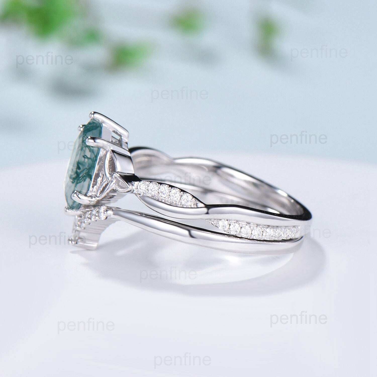 Viking Moss Agate Engagement Ring Set with Moissanite & Diamond Band – Hexagon Norse Wedding Ring for Women – Perfect for Viking-Themed Weddings & Anniversary Gifts