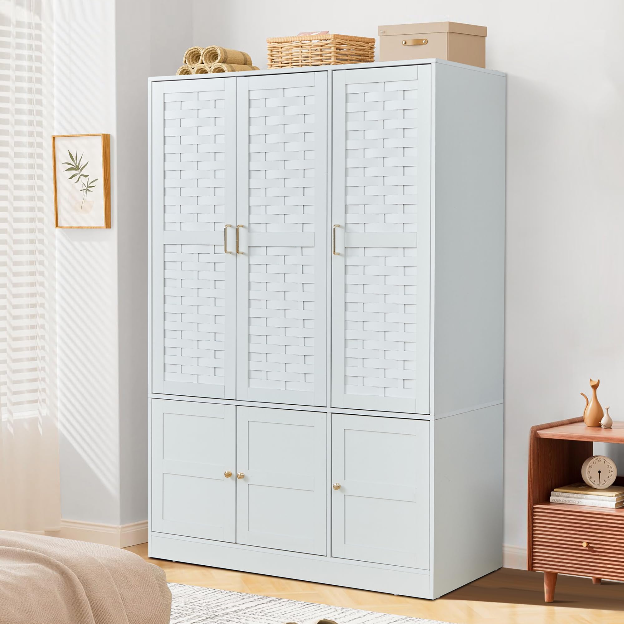 Large White Wooden Armoire Wardrobe with 6 Woven Doors, 8 Shelves & Metal Handles - Spacious Storage Cabinet with Hanging Rod for Bedroom, Closet or Living Room Organization