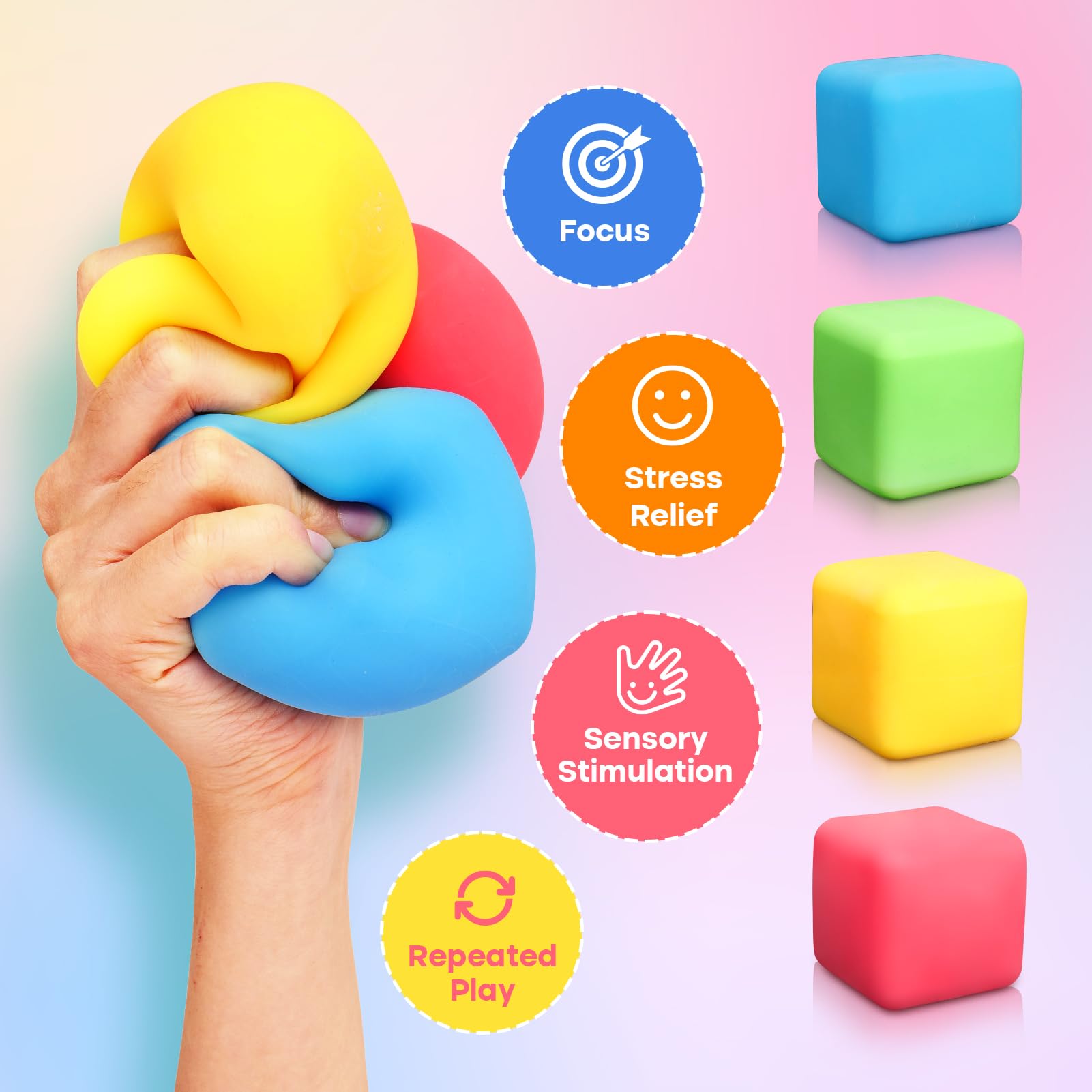4 Pack Stress Relief Cube Fidget Toys for Kids & Adults - Squeeze Stress Balls, Anxiety Sensory Toys for Autism, ADHD, Classroom, Office & Party - Perfect for Focus, Relaxation & Hand Exercise