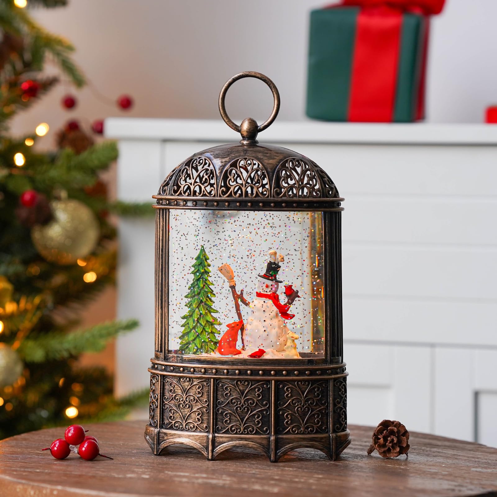 11'' Snowman Christmas Snow Globe Lantern with Timer - Musical Lighted Glittering Swirling Water Globe, USB/Battery Operated - Perfect for Holiday Home Decor, Gift Giving & Festive Tabletop Displays