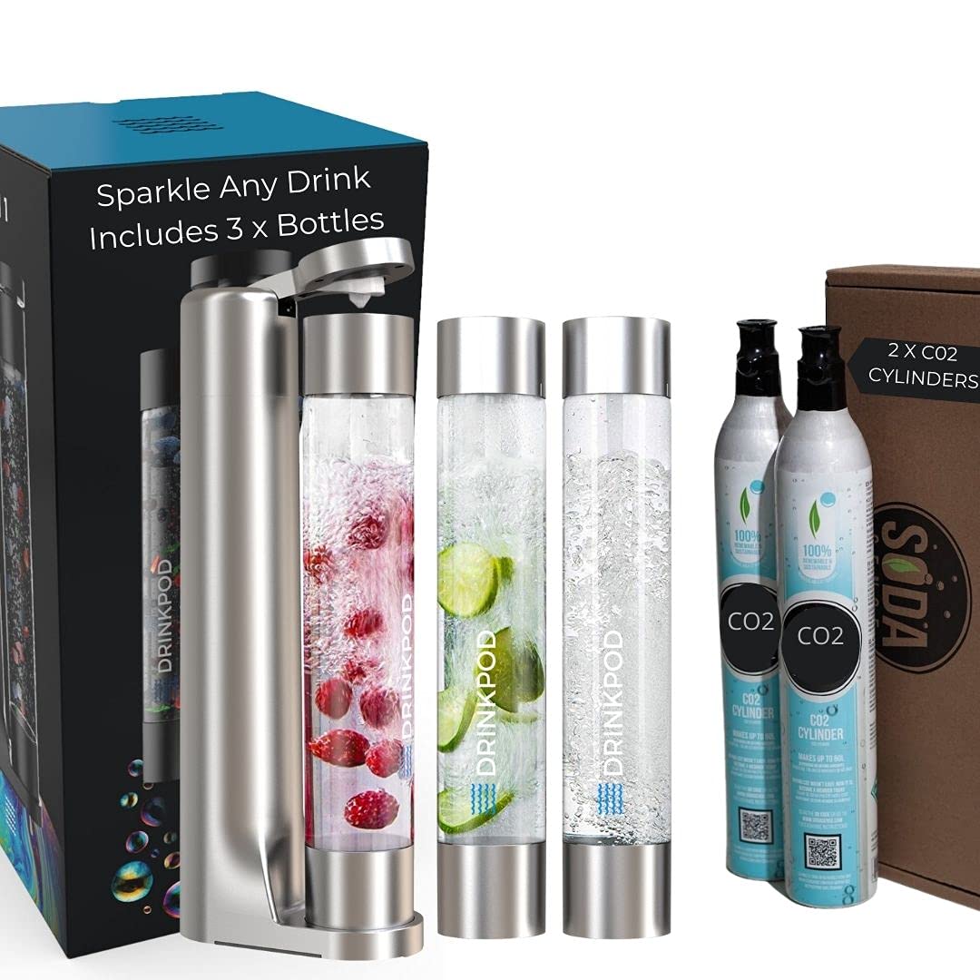 FIZZpod Soda Maker Machine - Make Sparkling Water, Juice, Coffee & Cocktails at Home | Includes 3 Bottles, 3 Caps, Carbonator Cap & 2 CO2 Cylinders (Silver) | Perfect for Kitchen, Office, Parties & Healthy Drinks