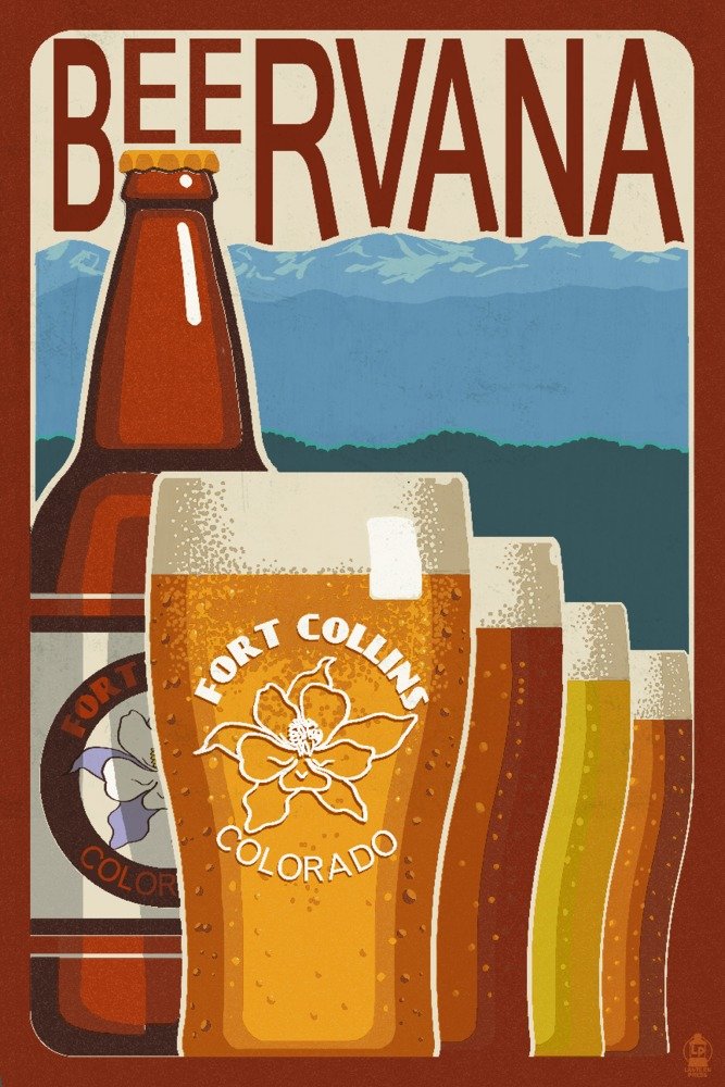 Vintage Beervana Colorado Fort Collins Sign - 24x36 Signed Art Print, Wall Decor Poster for Home, Bar & Brewery Decoration