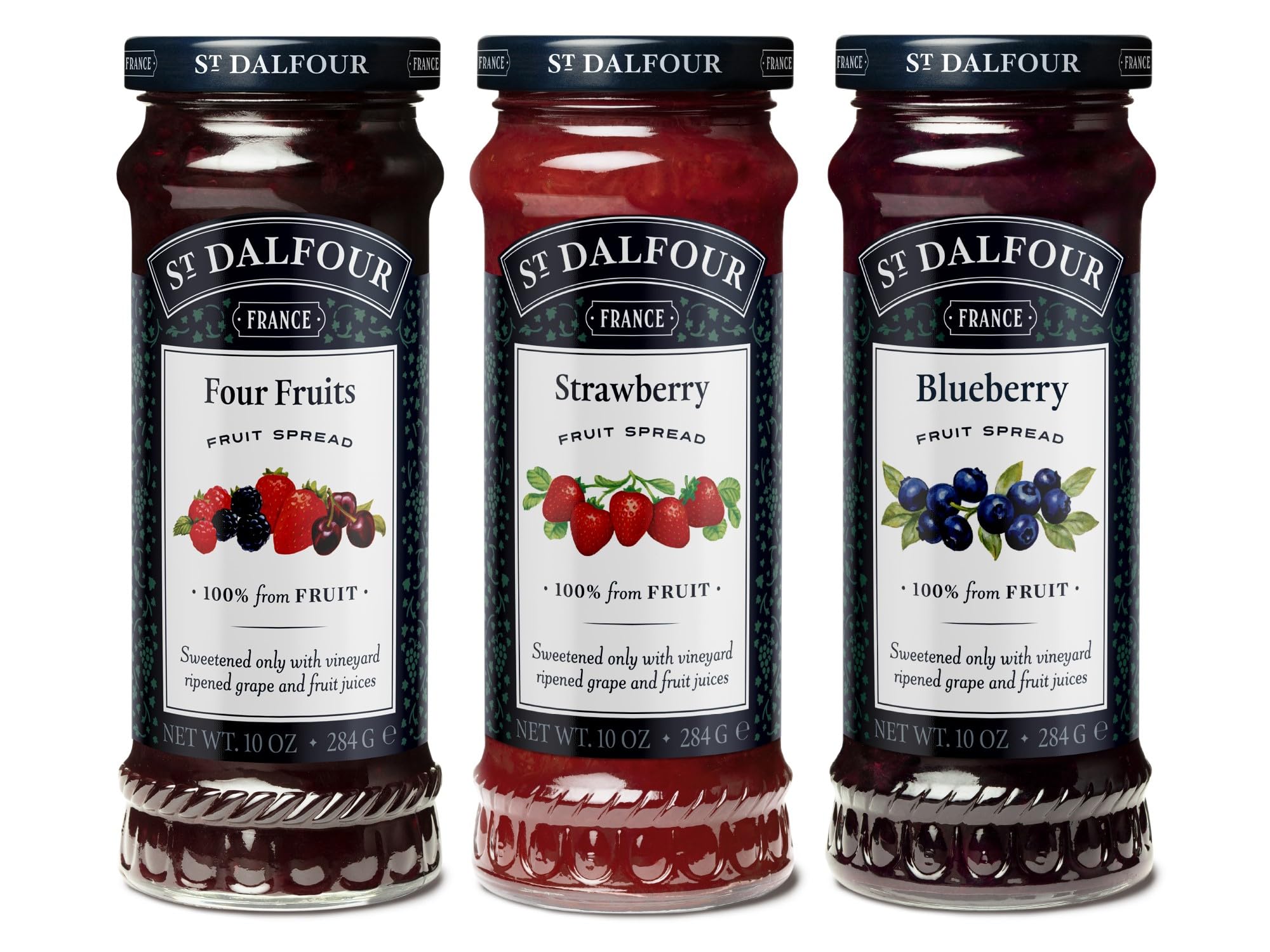 St. Dalfour Organic French Fruit Spread Bundle - 100% Natural Strawberry, Blueberry & Four Fruits Preserves (10 oz Each) | No Artificial Ingredients | Perfect for Toast, Yogurt & Baking